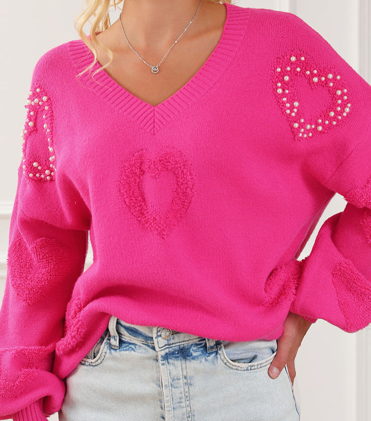 Rose Red Pearl Embellished Fuzzy Hearts V Neck Sweater