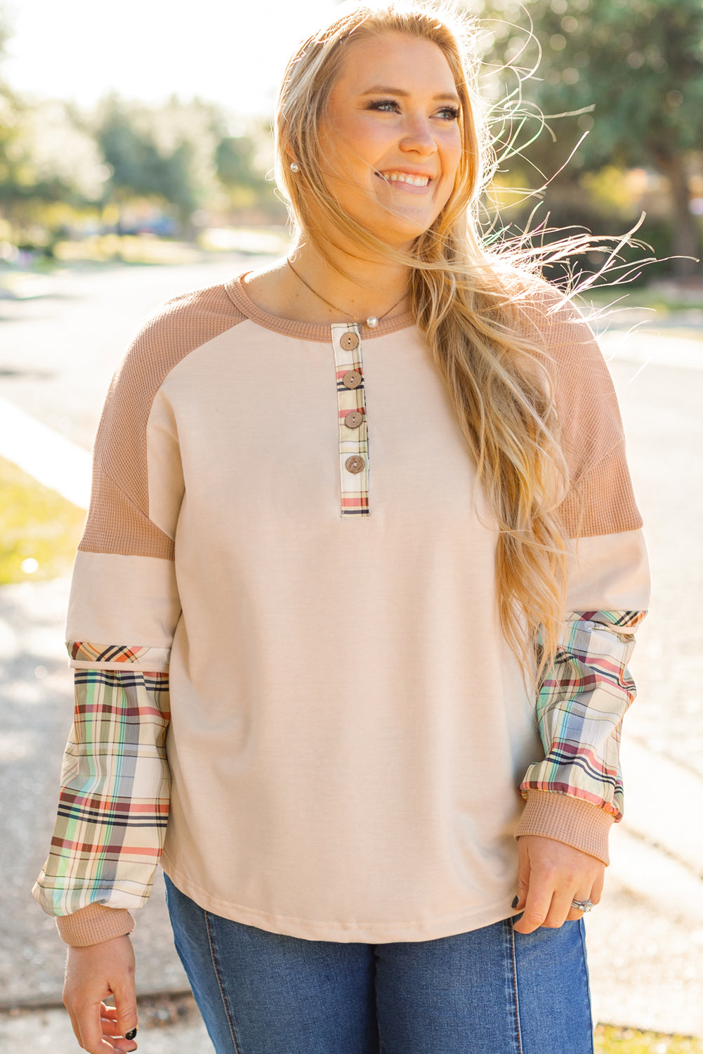 Plaid Patchwork Layered Henley Top