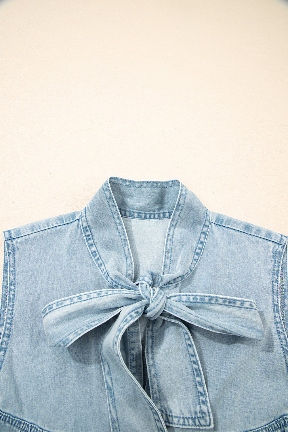Blue Bowknot Neck Sleeveless Ruffled Chambray Dress