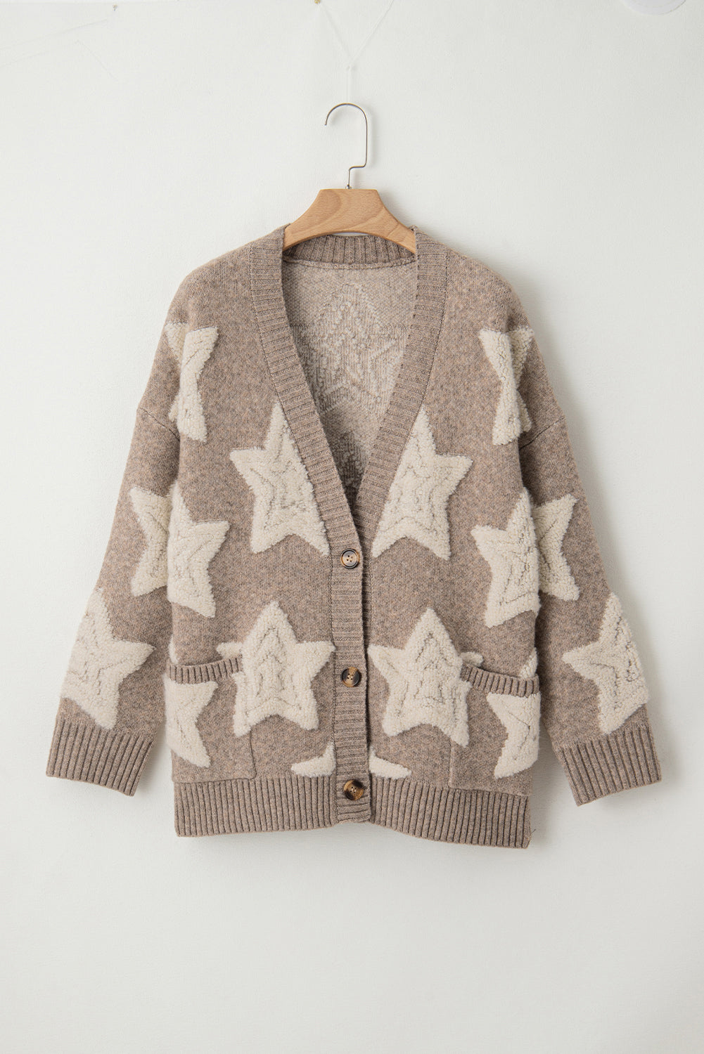 Pink Sherpa Star Pattern Textured Sweater Cardigan with Pockets