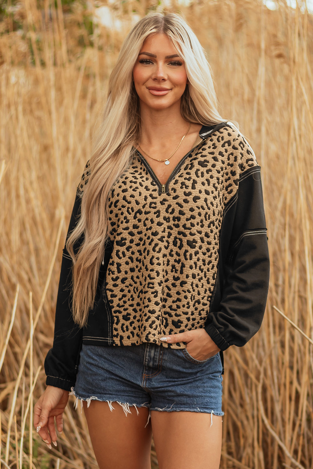 Brown Leopard Knotted Cuff Quarter Zip Hoodie