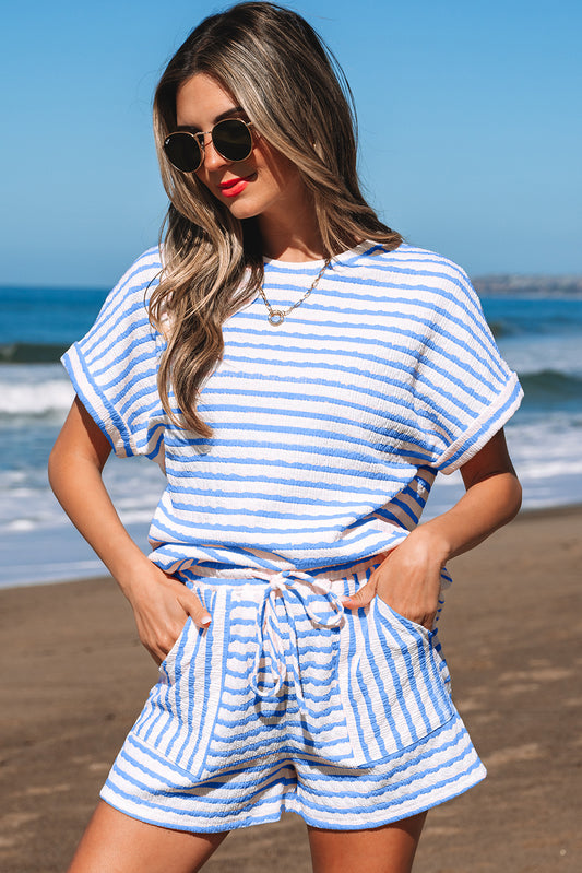 Stripe Knitted Short Sleeve Top and Drawstring Shorts Set