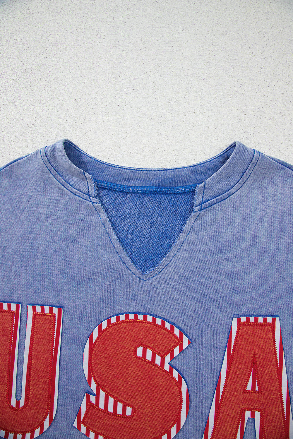 Sky Blue USA Patch Mineral Wash Notch V Neck Vintage Graphic T Shirt