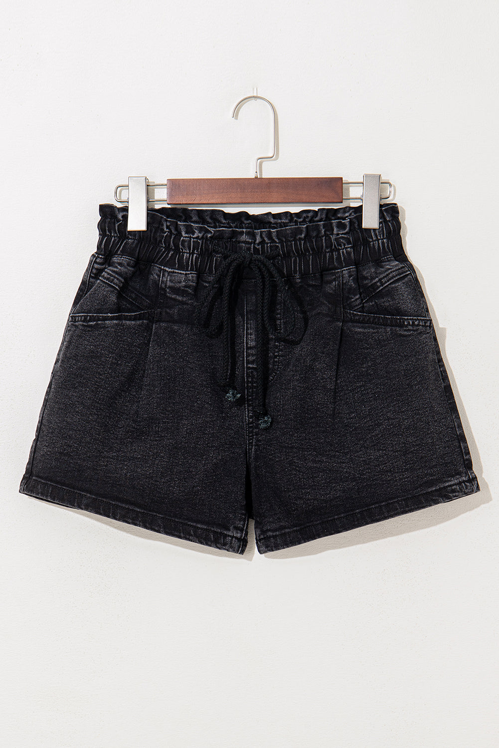 Black Drawstring High Waist Casual Denim Shorts with Pockets