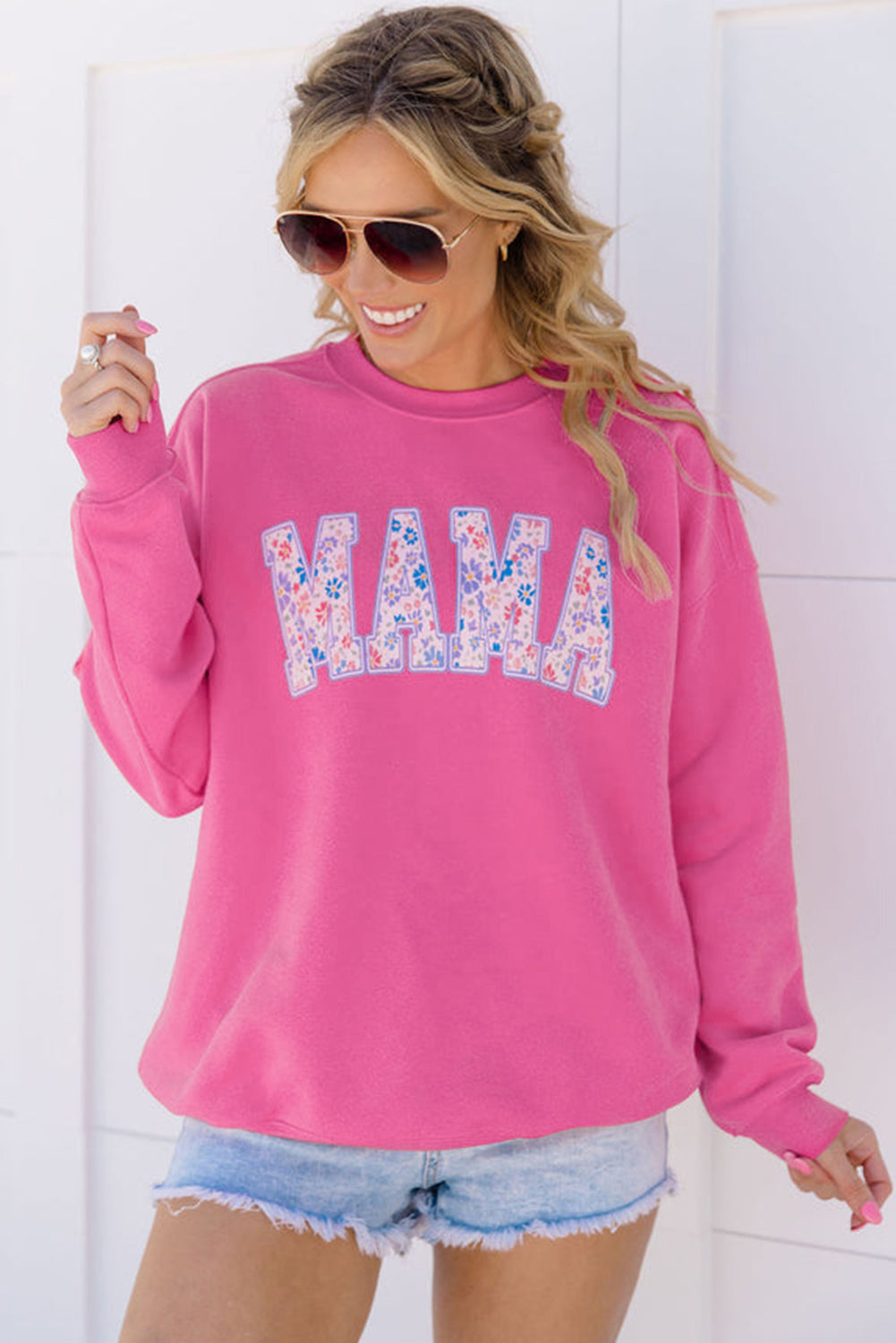 Rose Pink Floral MAMA Embroidered Graphic Pullover Sweatshirt