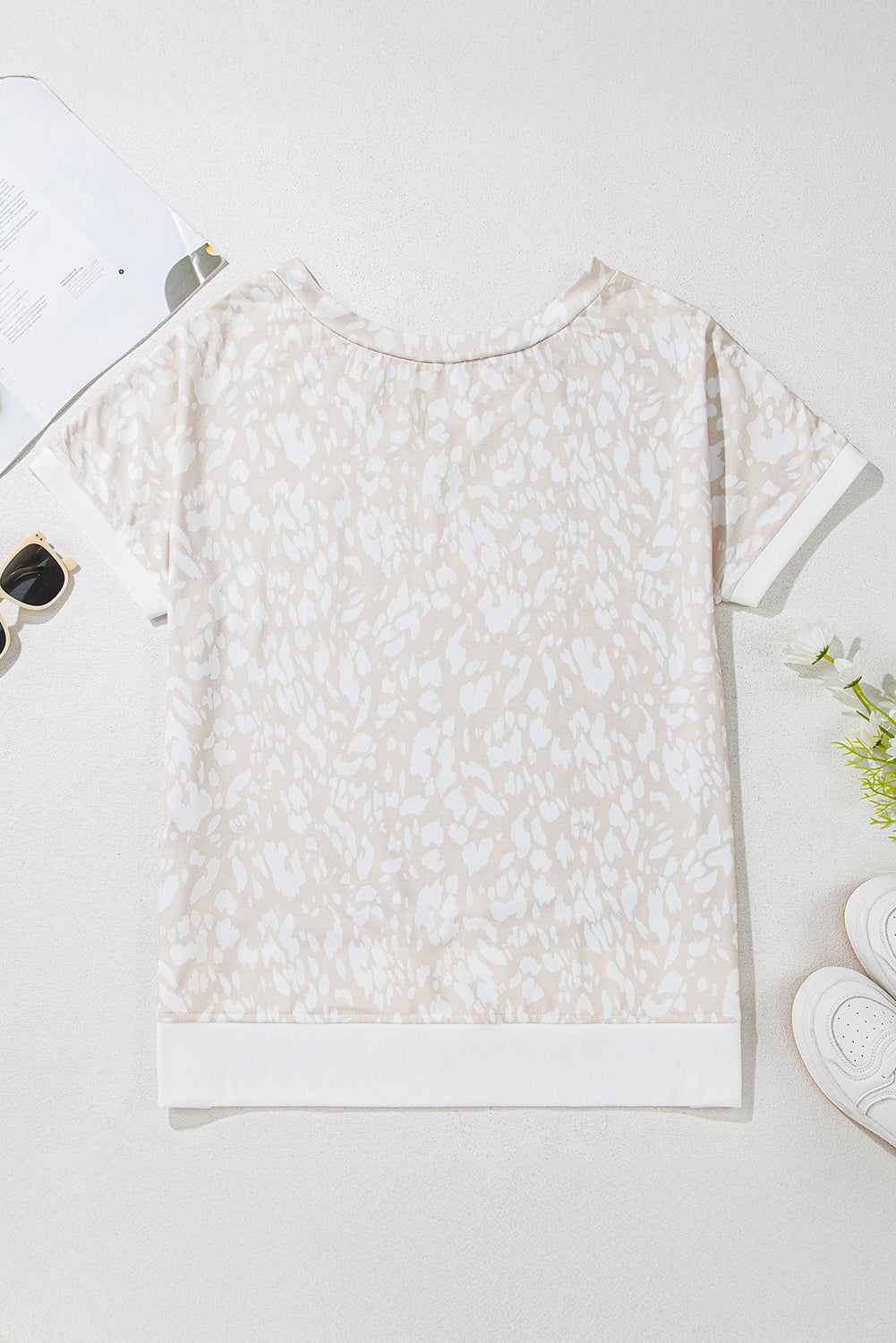 Khaki Leopard Print V Neck Side Slit Loose Fit T Shirt