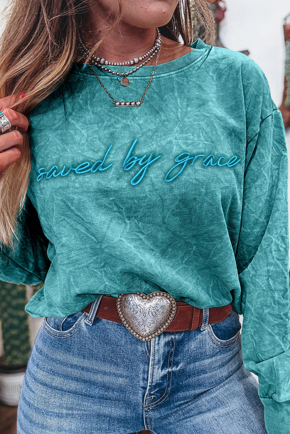 Saved By Grace Letter Embroidery Mineral Wash Loose Sweatshirt