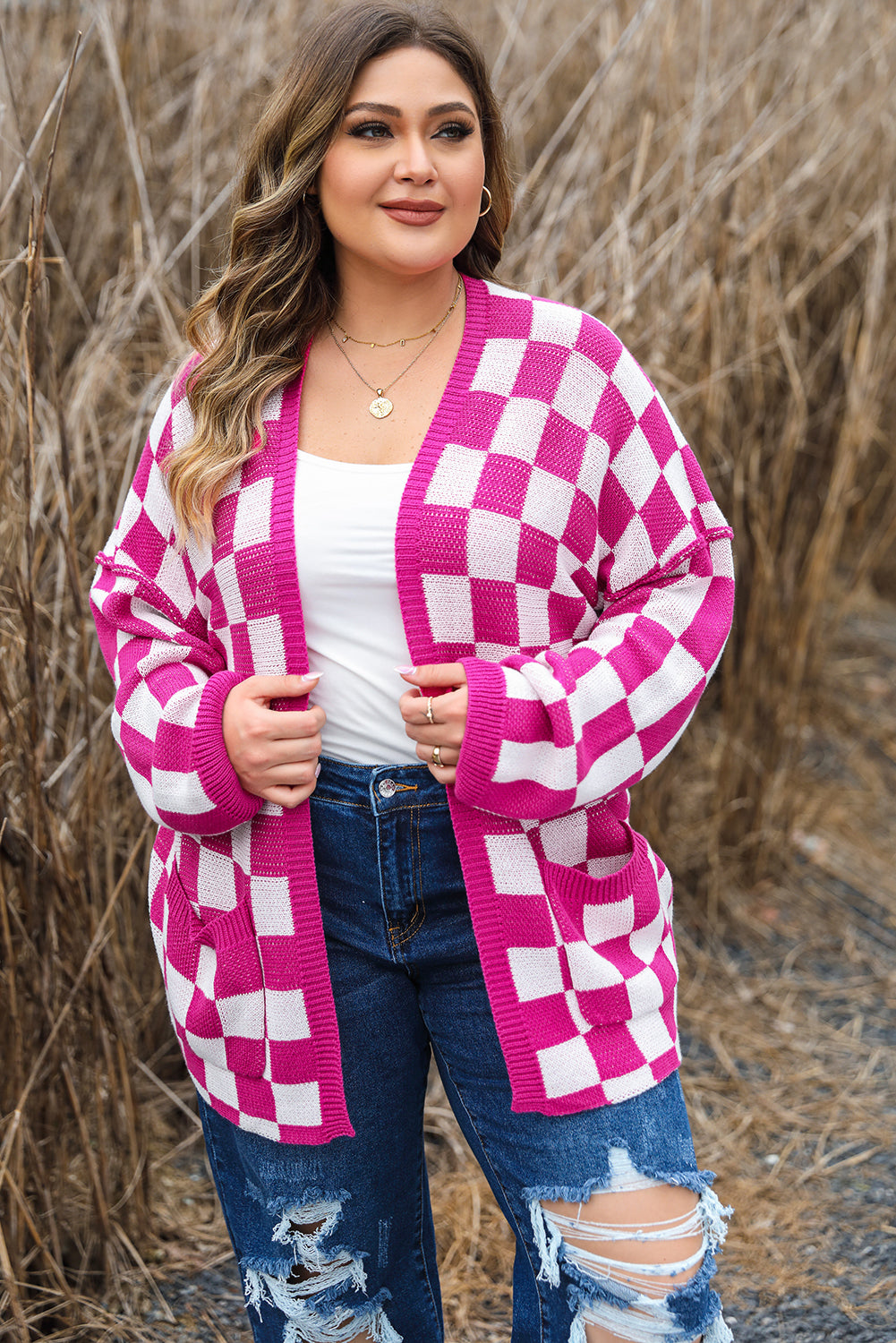 Pink Checkered Pattern Open Front Plus Size Cardigan