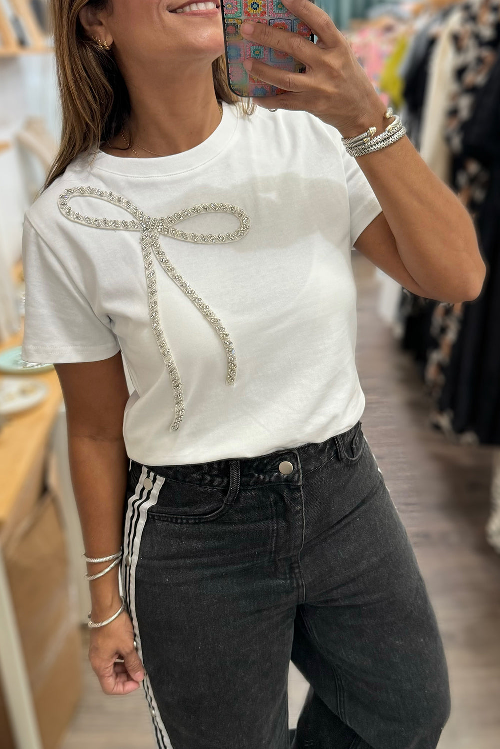 White Rhinestone Bow Embellished Round Neck Tee