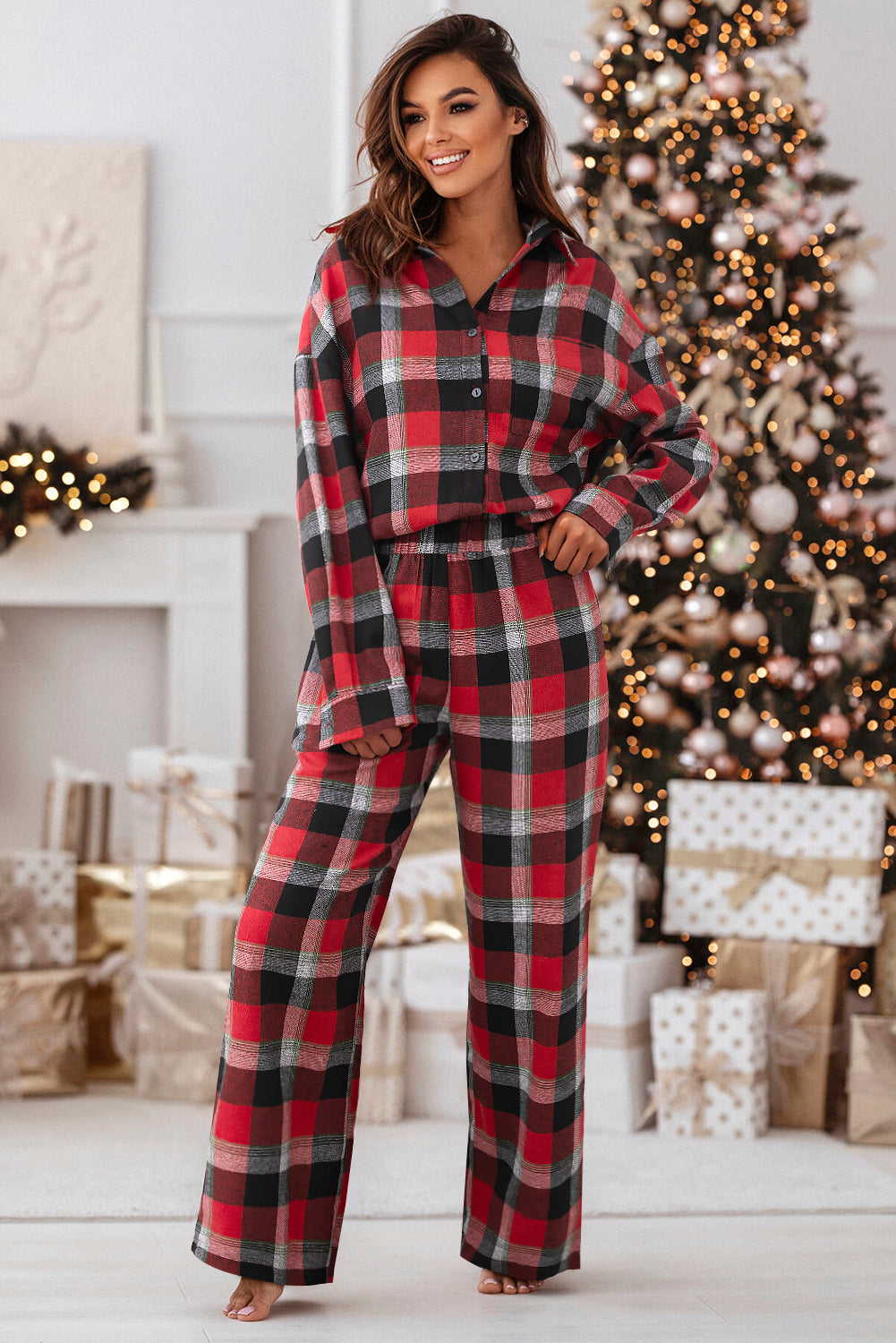 Red Checkered Pattern Loose Shirt and Pants Lounge Set