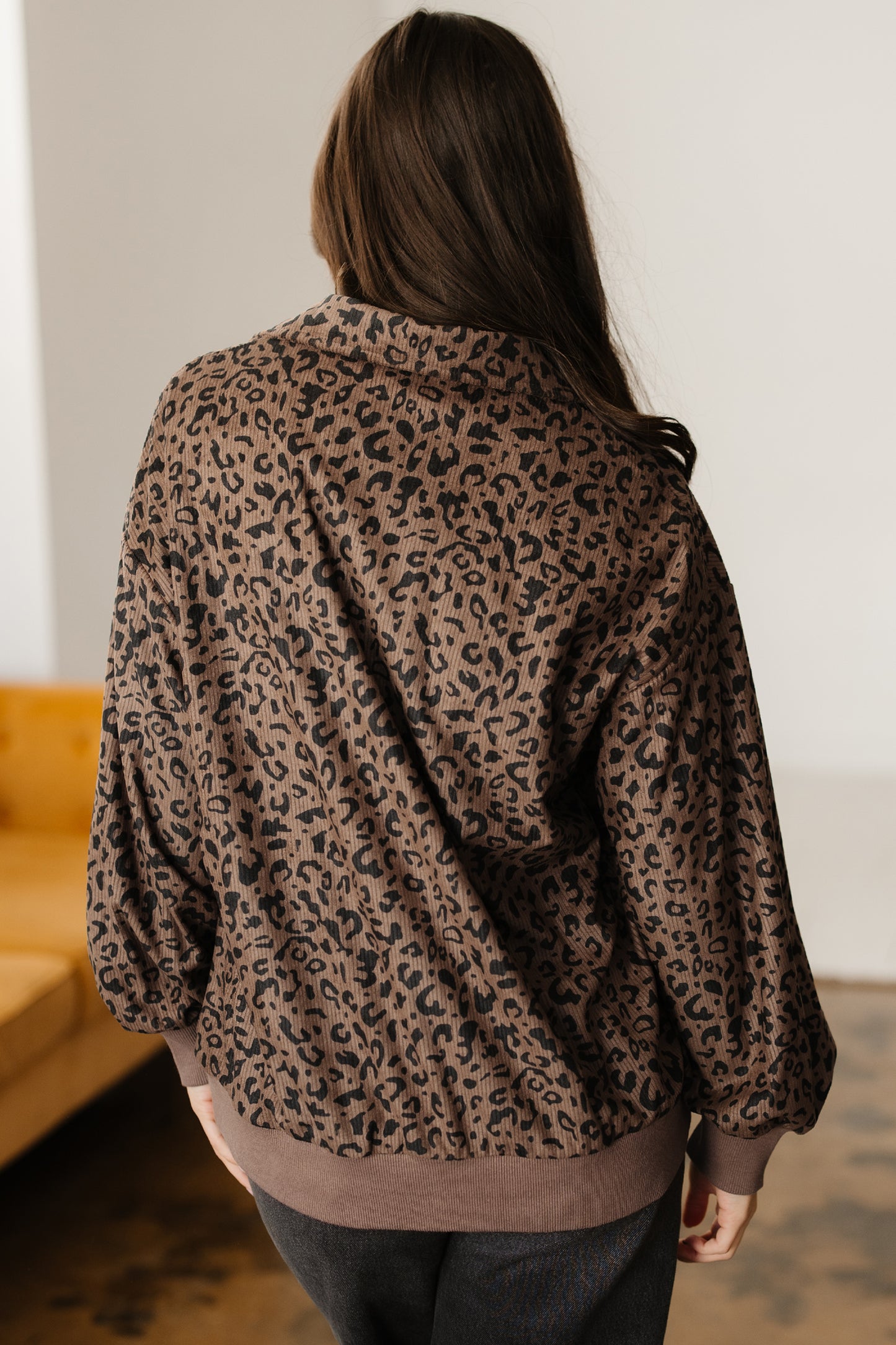 Leopard Print Quarter Zip Corduroy Sweatshirt