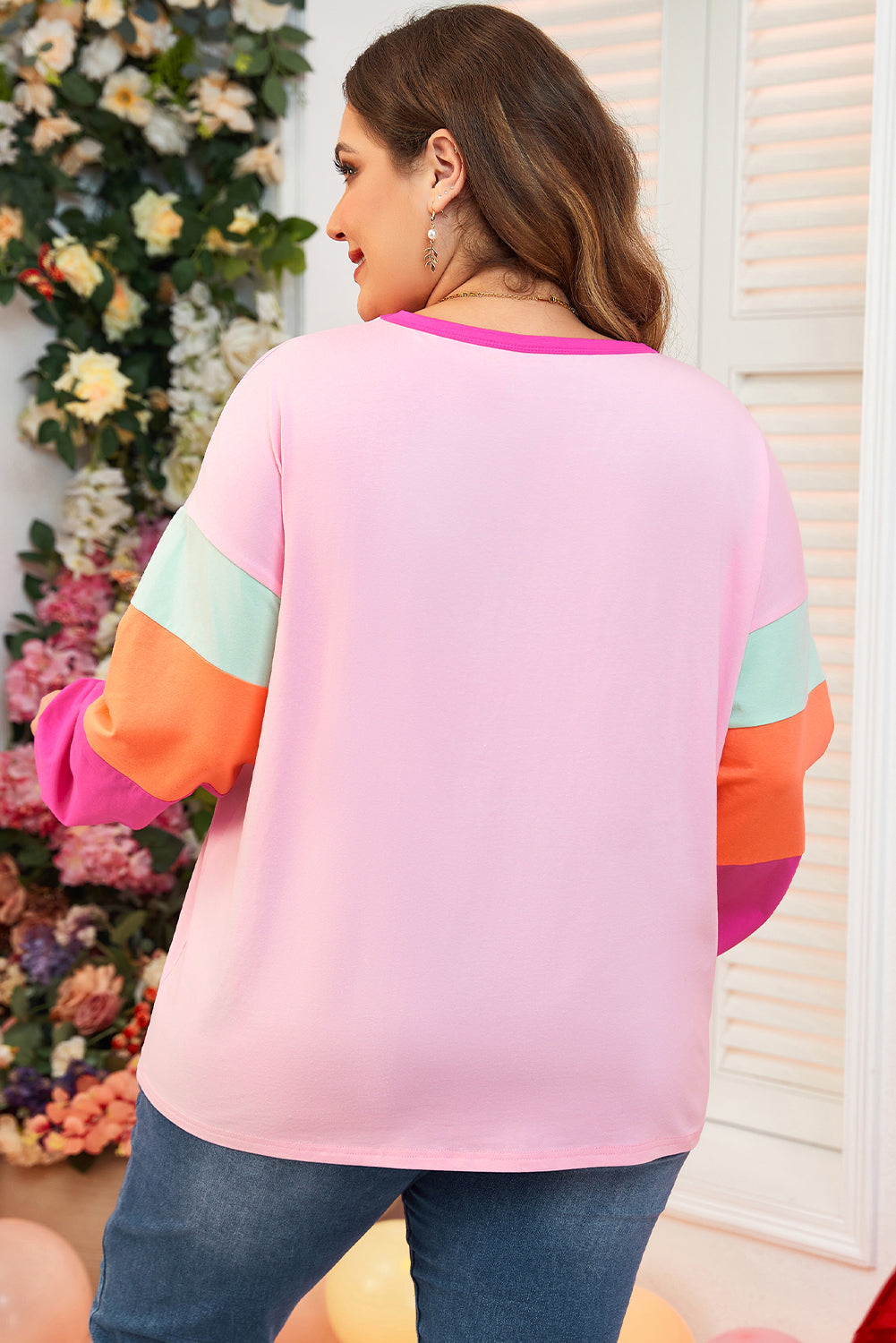 Patchwork Long Sleeve Plus Size Top