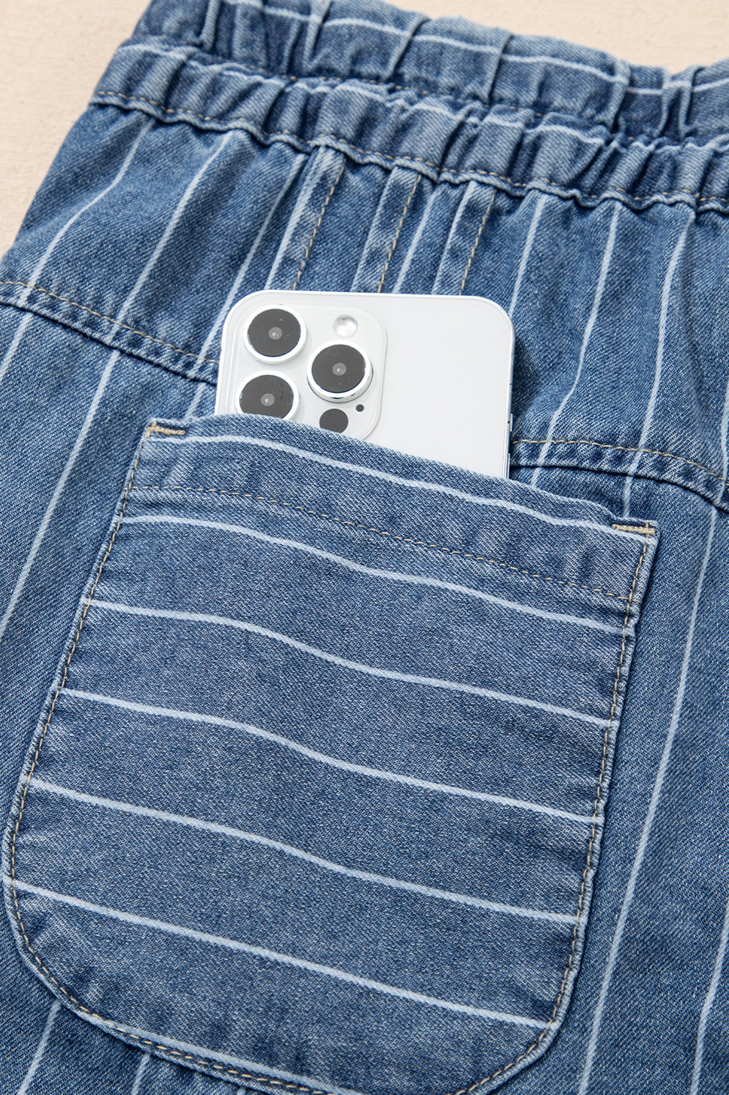 Stripe Button Pleated Drawstring Waist Casual Wide Leg Jeans