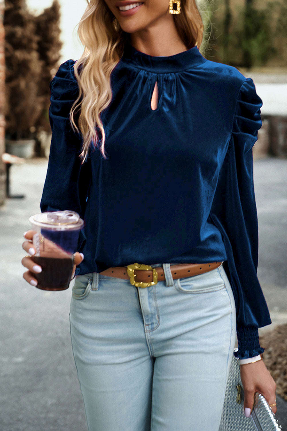 Mock Neck Puff Sleeve Velvet Blouse