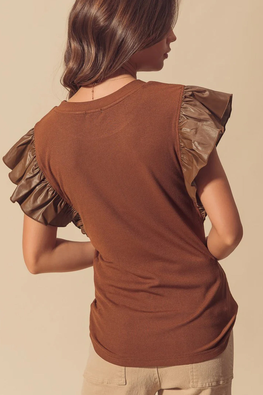 Leather Ruffle Sleeve Patchwork Round Neck Blouse