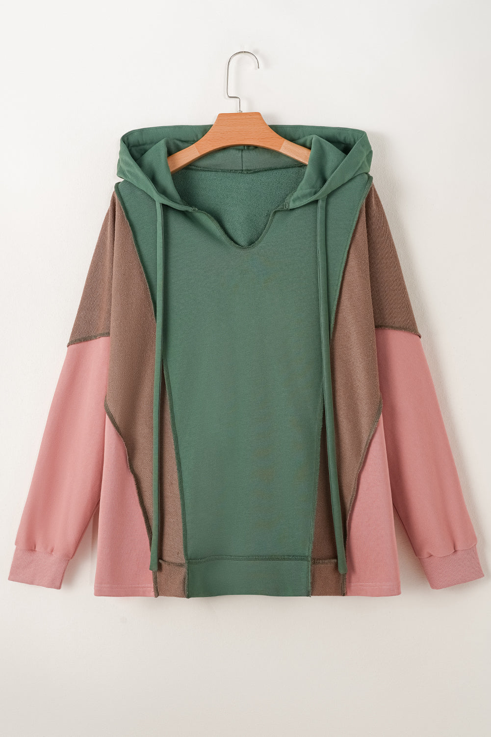 Green Plus Size Color Block Patchwork V Neck Hoodie