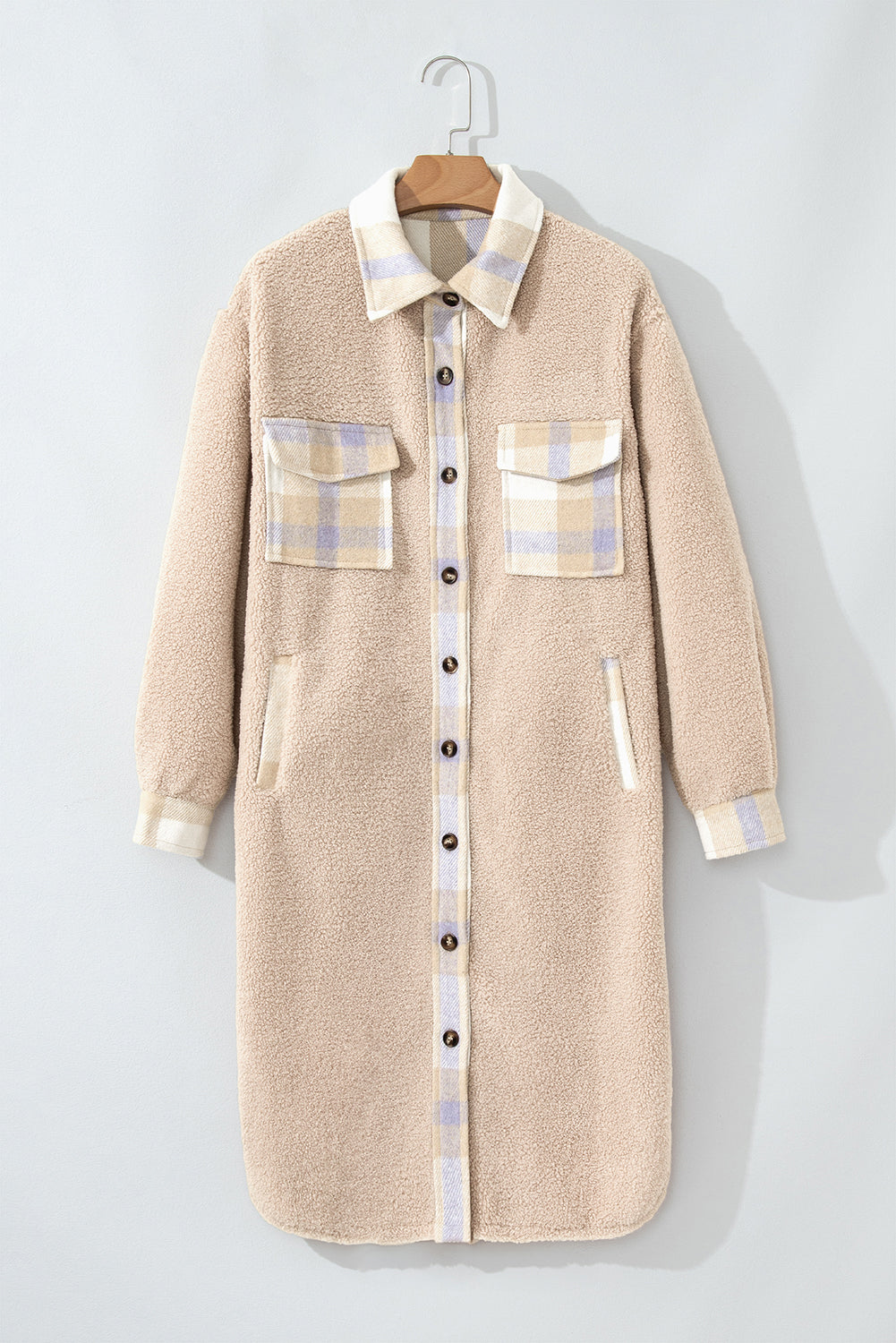 Plaid Patchwork Collared Button-up Sherpa Long Coat