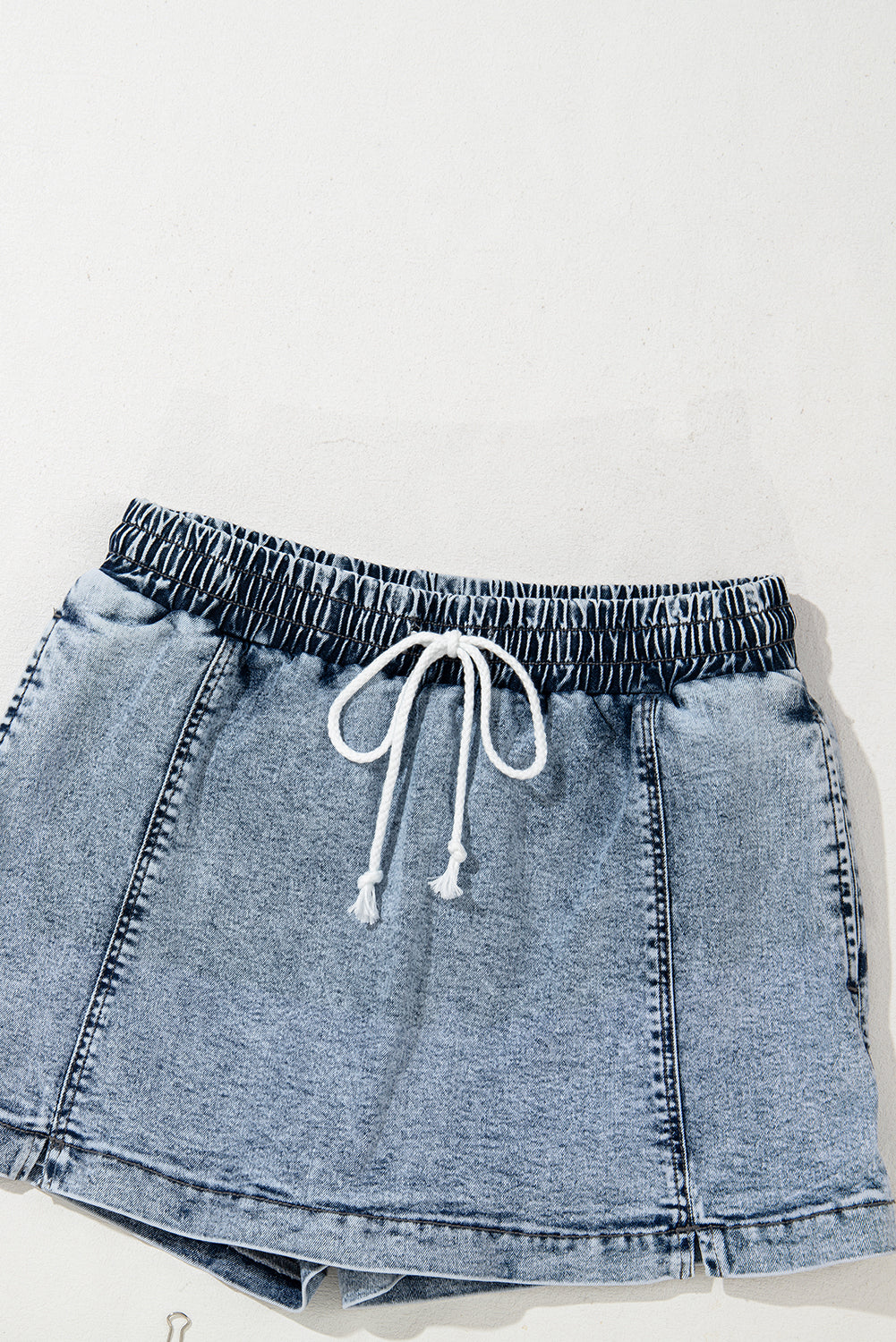 Dusk Blue Drawstring High Waist Pocketed Denim Shorts