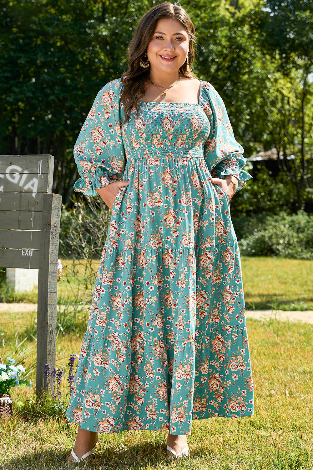 Floral Print Square Neck Smocked Maxi Dress