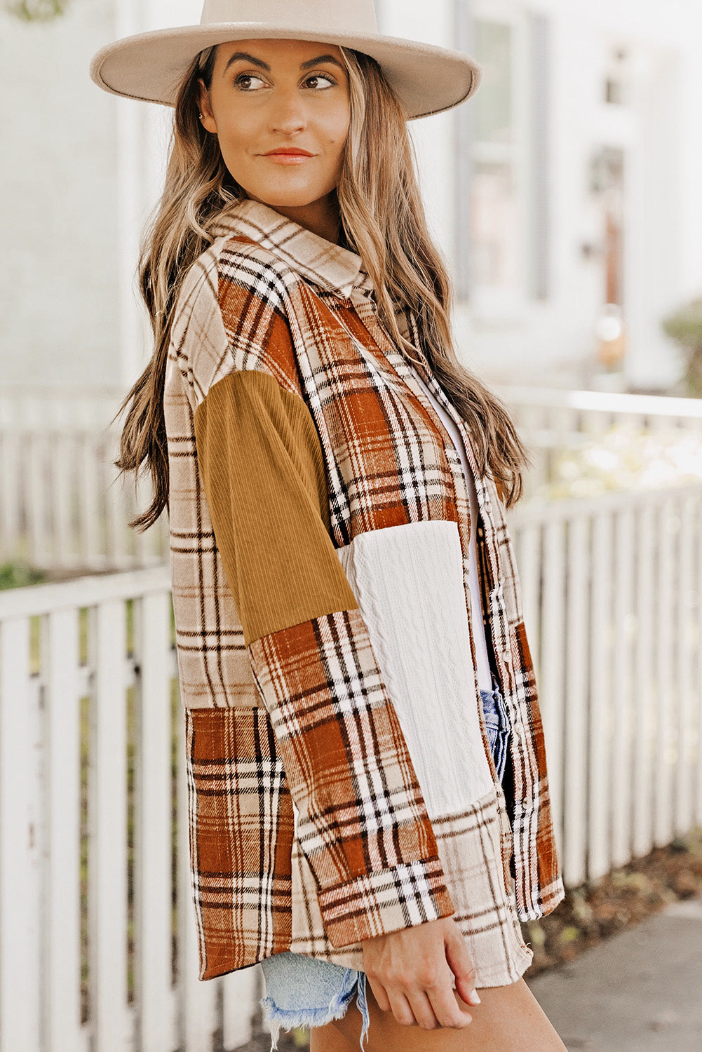 Plaid Patchwork Shirt Jacket with Pocket