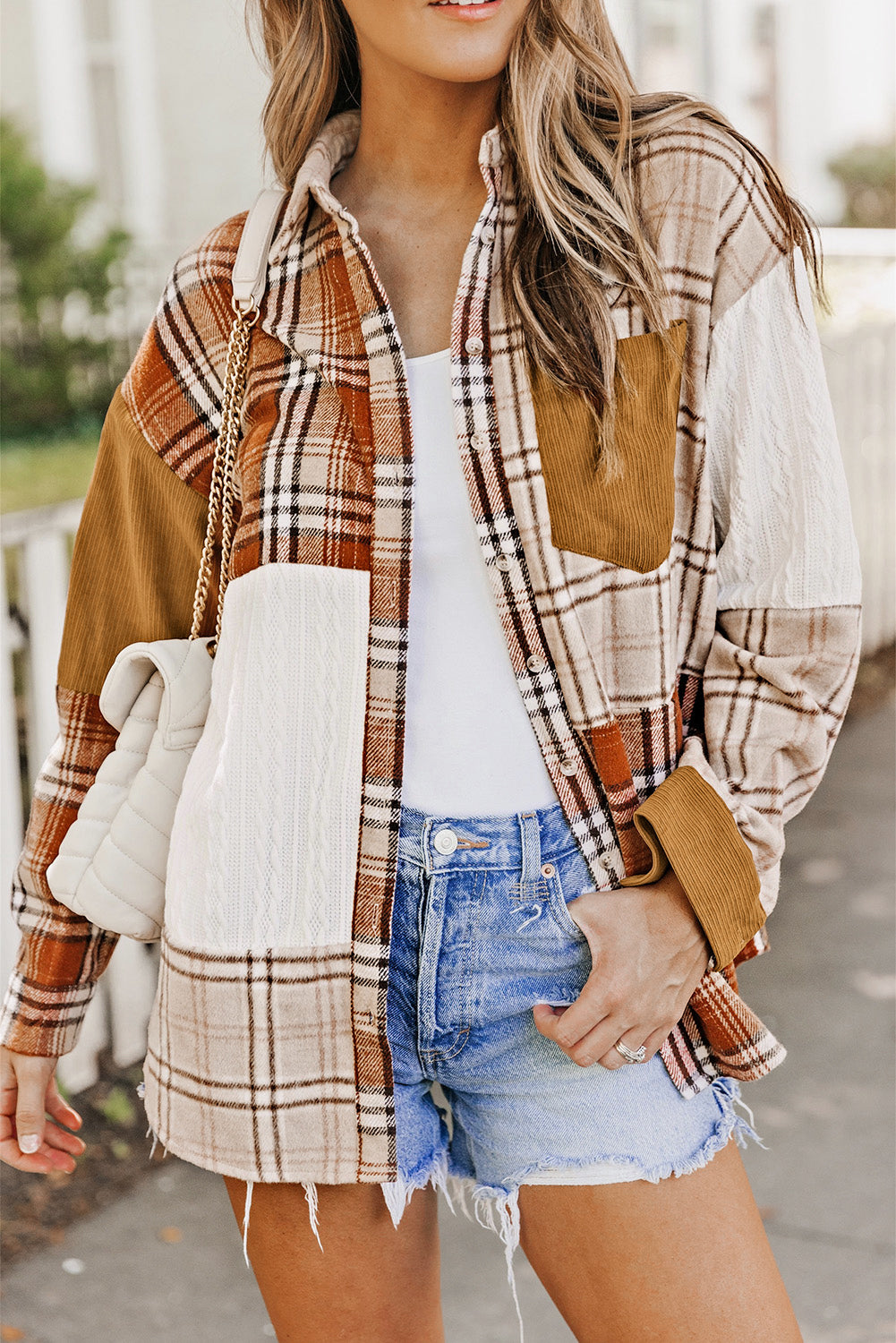 Plaid Patchwork Shirt Jacket with Pocket