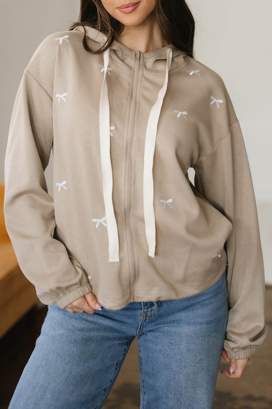 Bow Embroidered Zip Up Jacket Hoodie