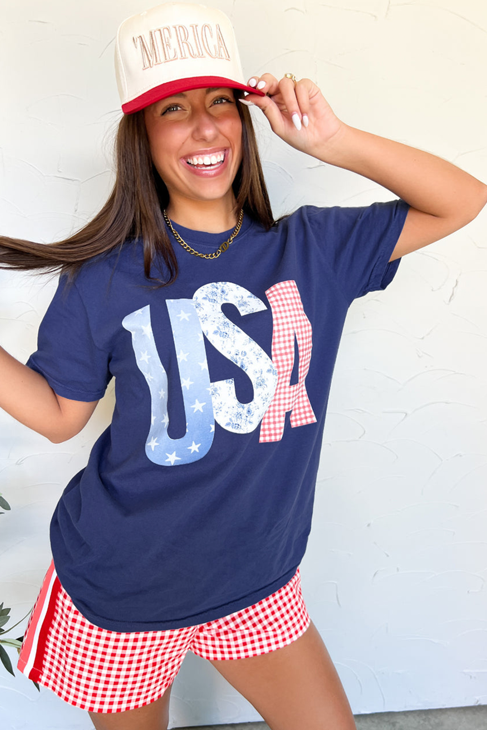 Blue USA Graphic July 4th Crew Neck T Shirt