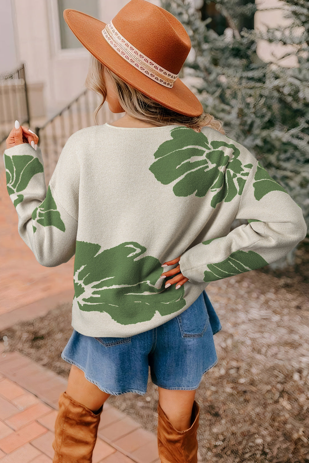 Flower Pattern Wide Sleeve Baggy Sweater
