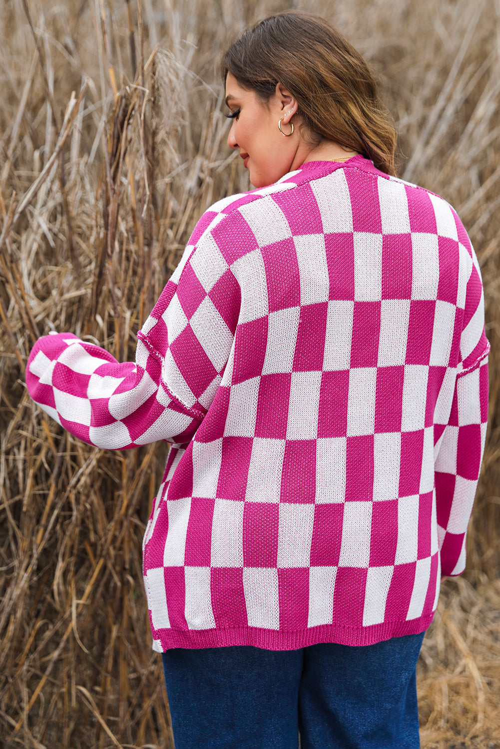 Pink Checkered Pattern Open Front Plus Size Cardigan