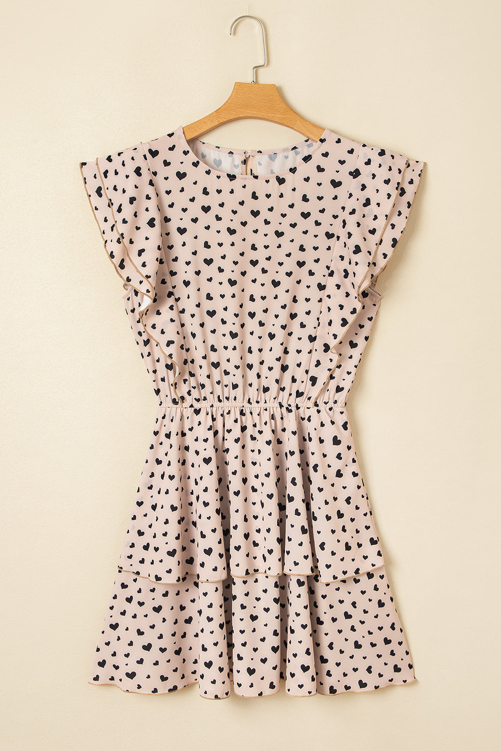 Khaki Heart Printed Flutter Sleeve Cinched Waist Tiered Ruffle Mini Dress