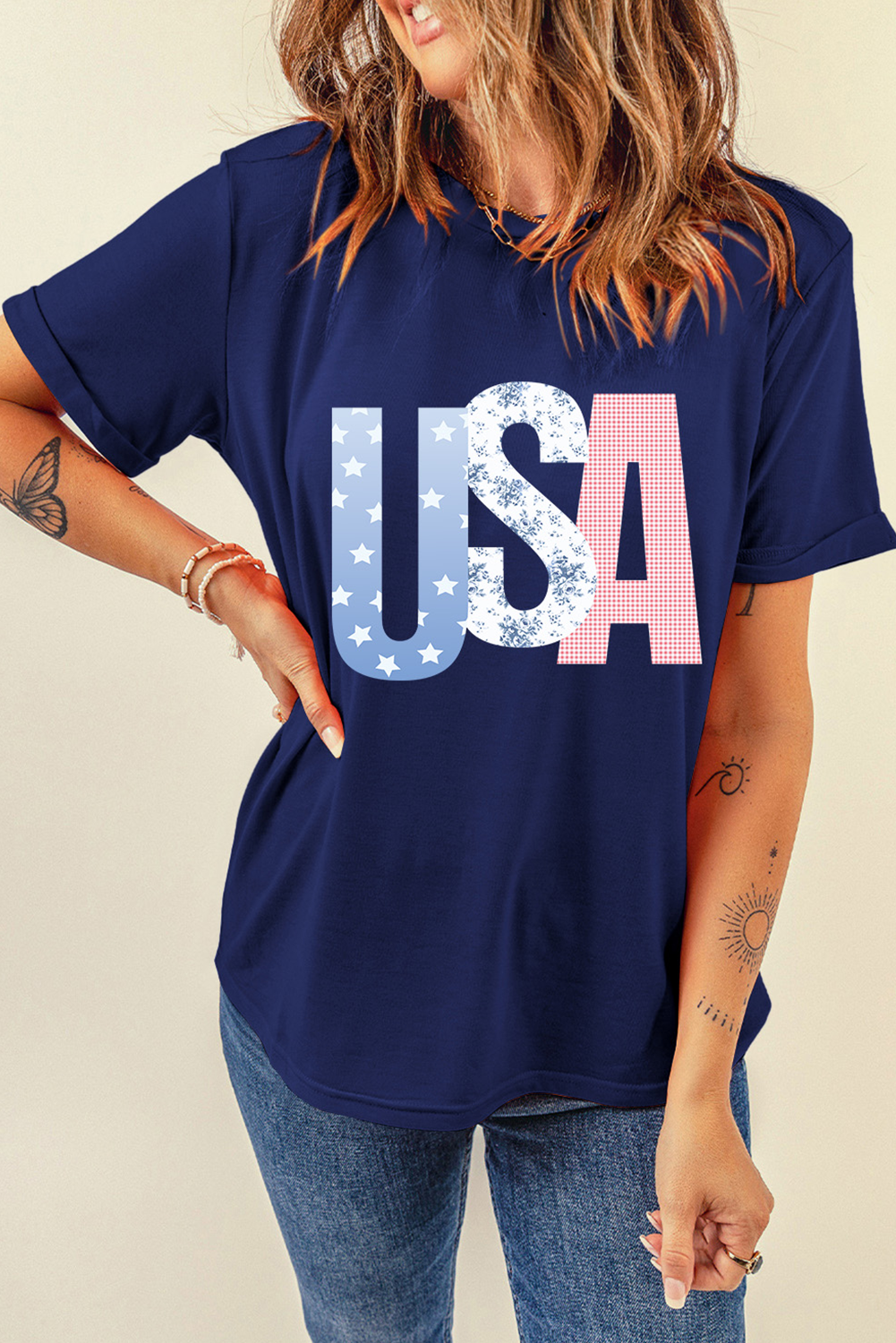 Blue USA Graphic July 4th Crew Neck T Shirt