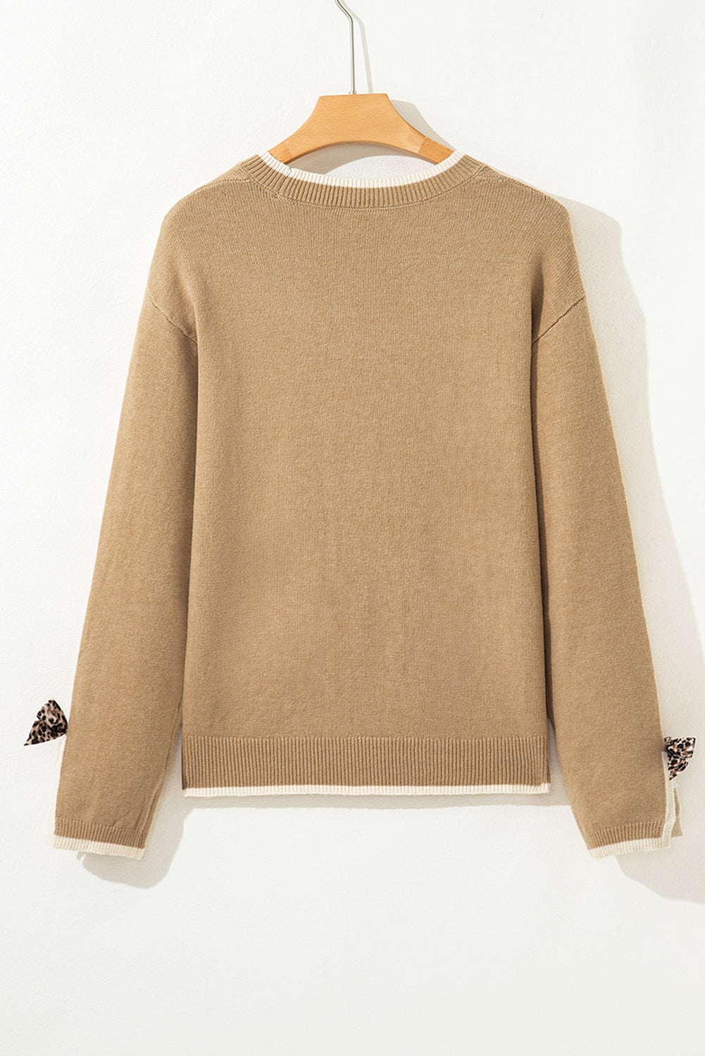 Leopard Bow Decor Split Cuff Contrast Trim Sweater