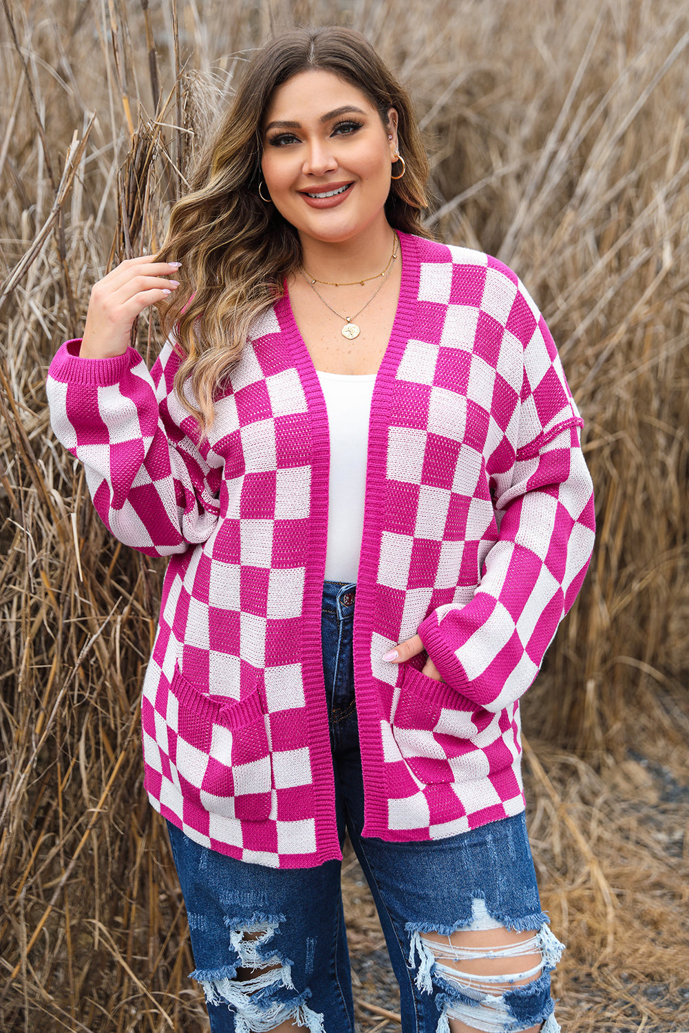 Pink Checkered Pattern Open Front Plus Size Cardigan