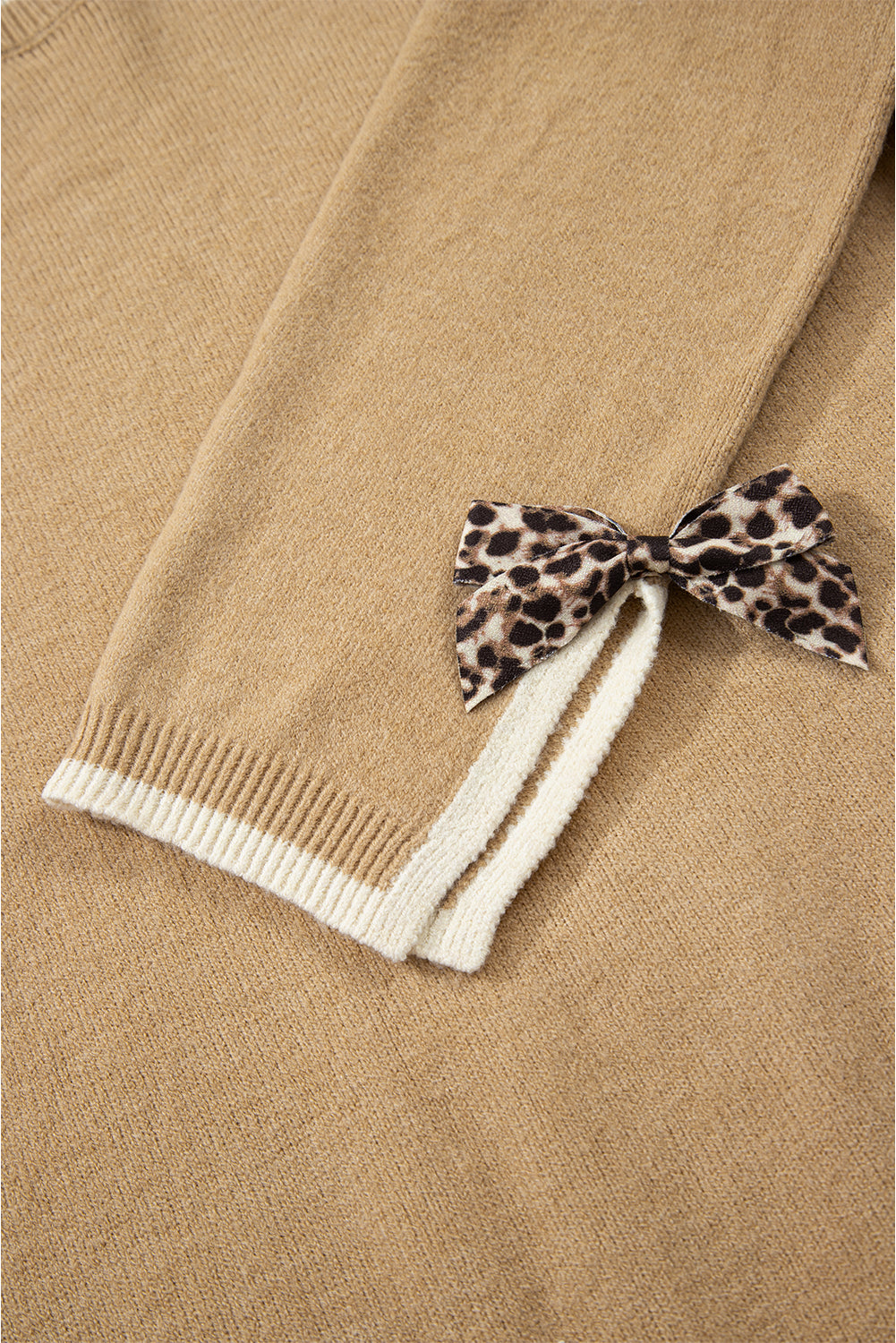 Leopard Bow Decor Split Cuff Contrast Trim Sweater