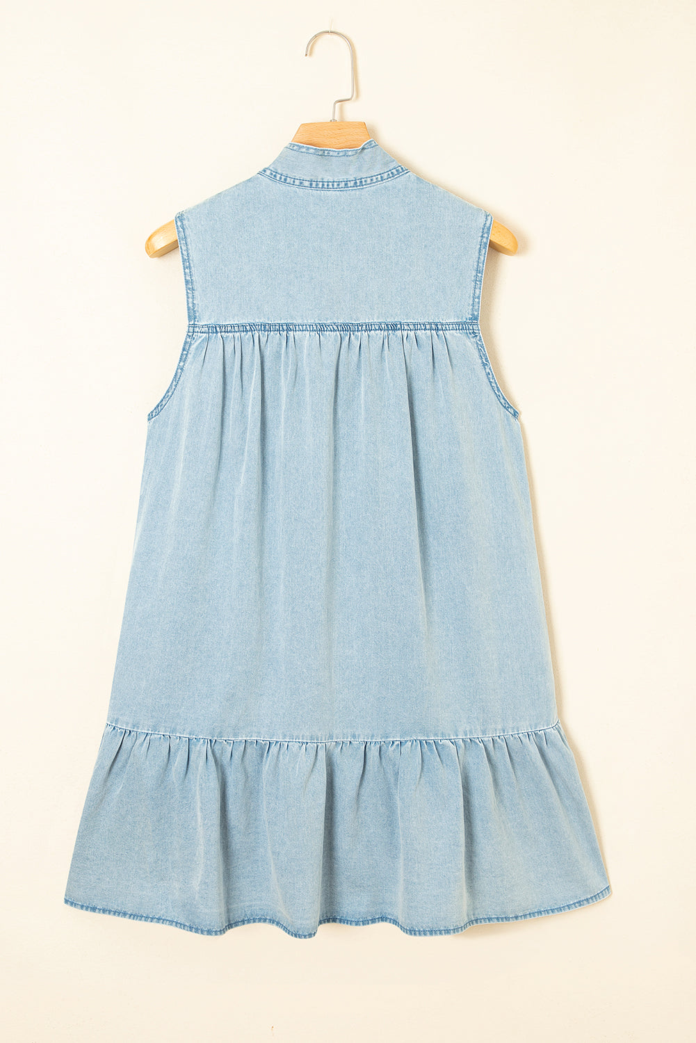 Blue Bowknot Neck Sleeveless Ruffled Chambray Dress