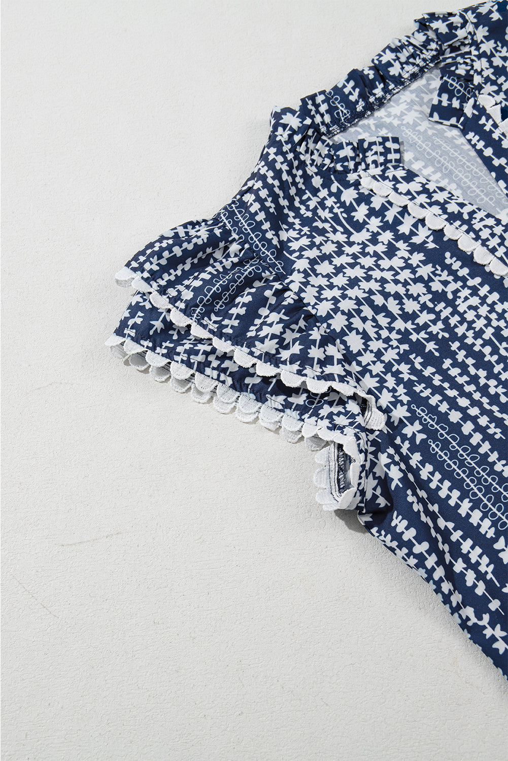 Pink Abstract Print Ric Rac Trim Flutter Sleeve Notch V Neck Blouse