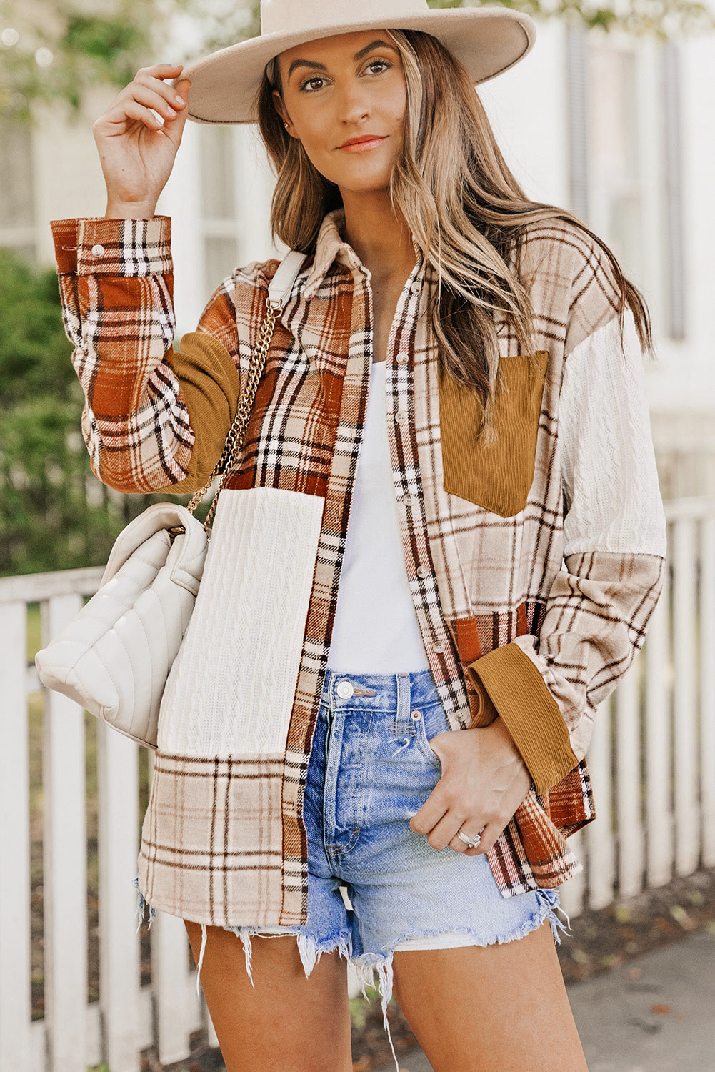 Plaid Patchwork Shirt Jacket with Pocket