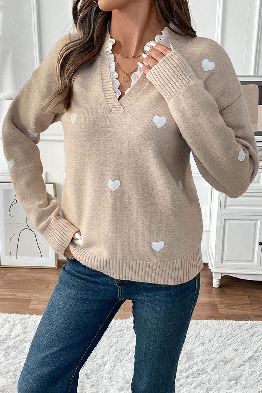 Heart Print Lace Splicing V Neck Sweater