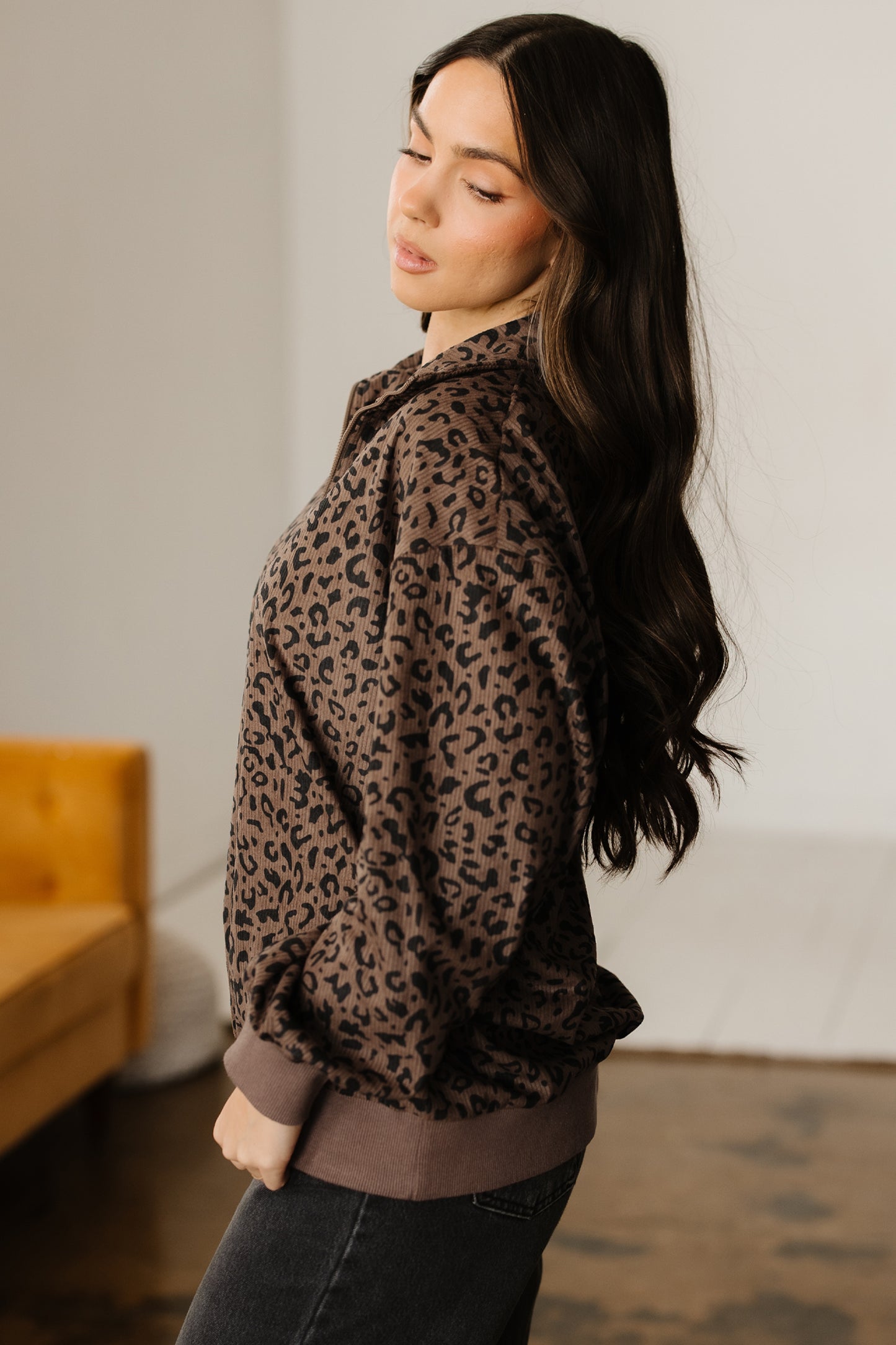 Leopard Print Quarter Zip Corduroy Sweatshirt