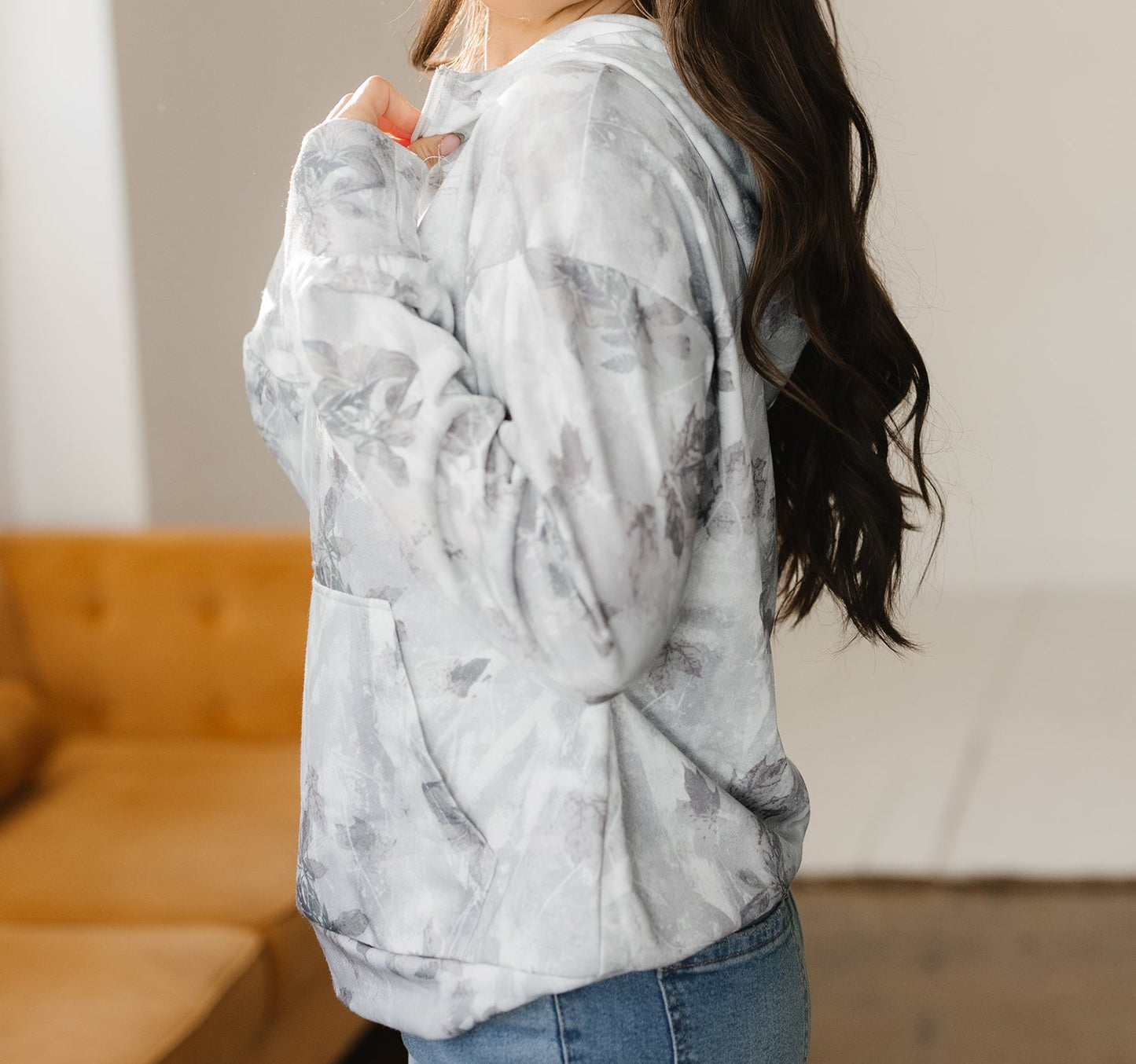 Camo Leaf Print Pocket Quarter Zip Hoodie