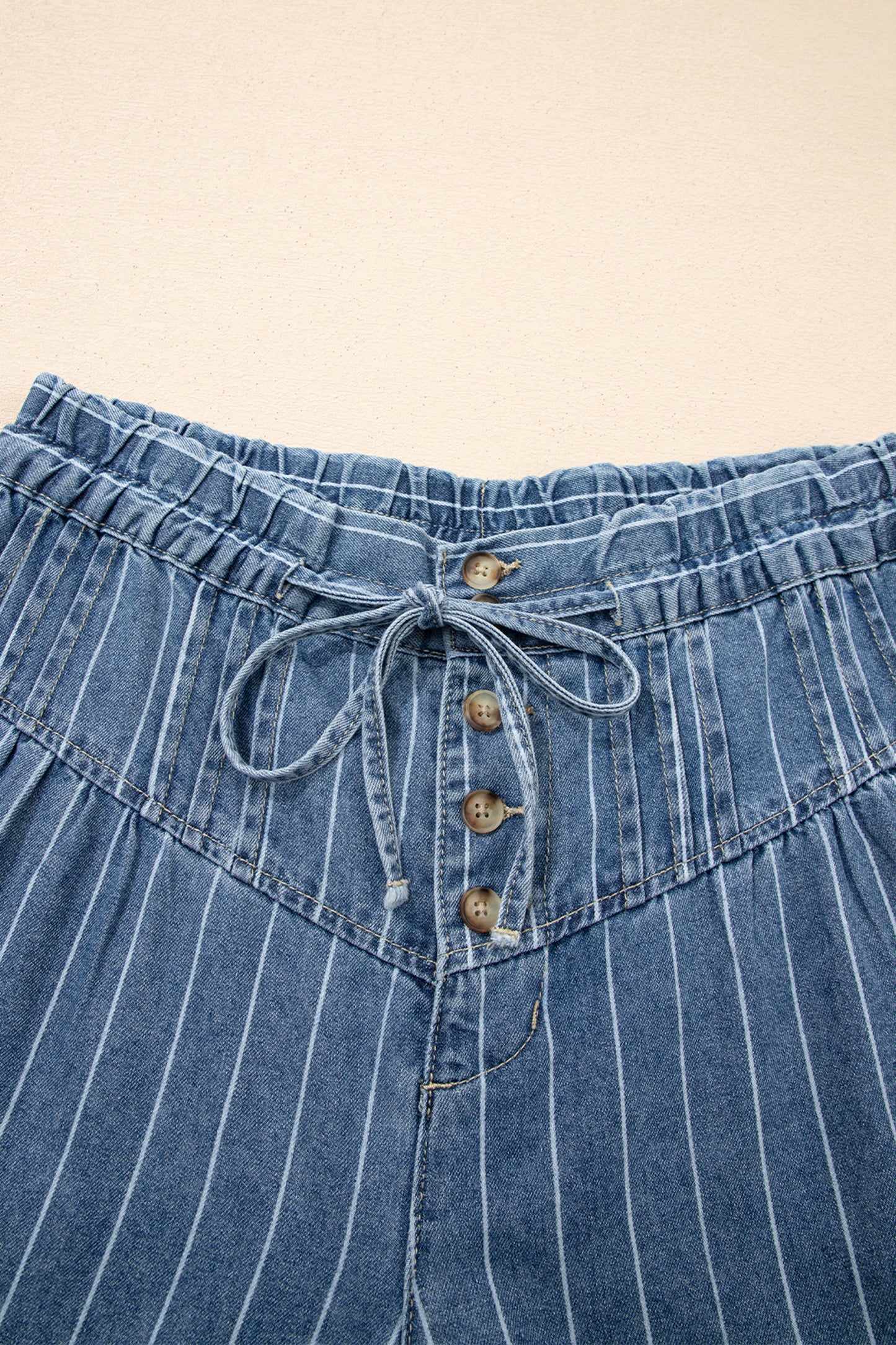 Stripe Button Pleated Drawstring Waist Casual Wide Leg Jeans