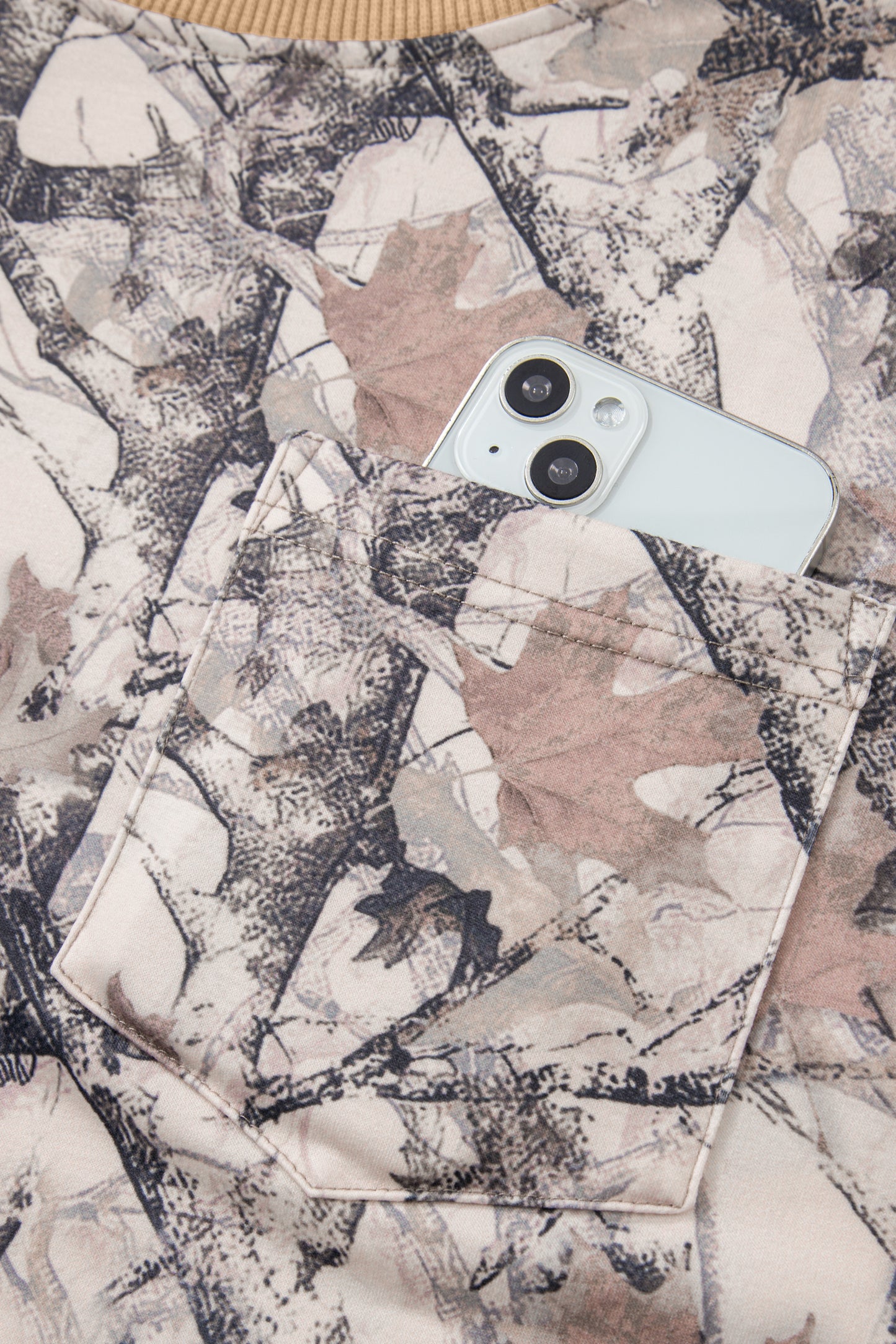 Khaki Woodland Camo Print Long Sleeve Top Casual Short Set