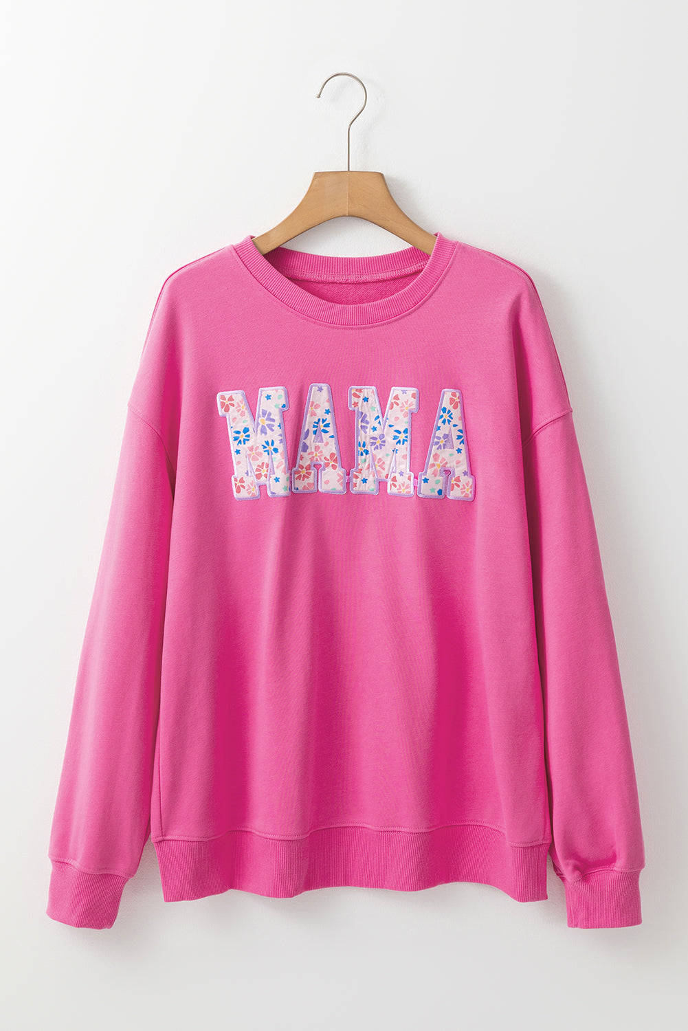 Rose Pink Floral MAMA Embroidered Graphic Pullover Sweatshirt