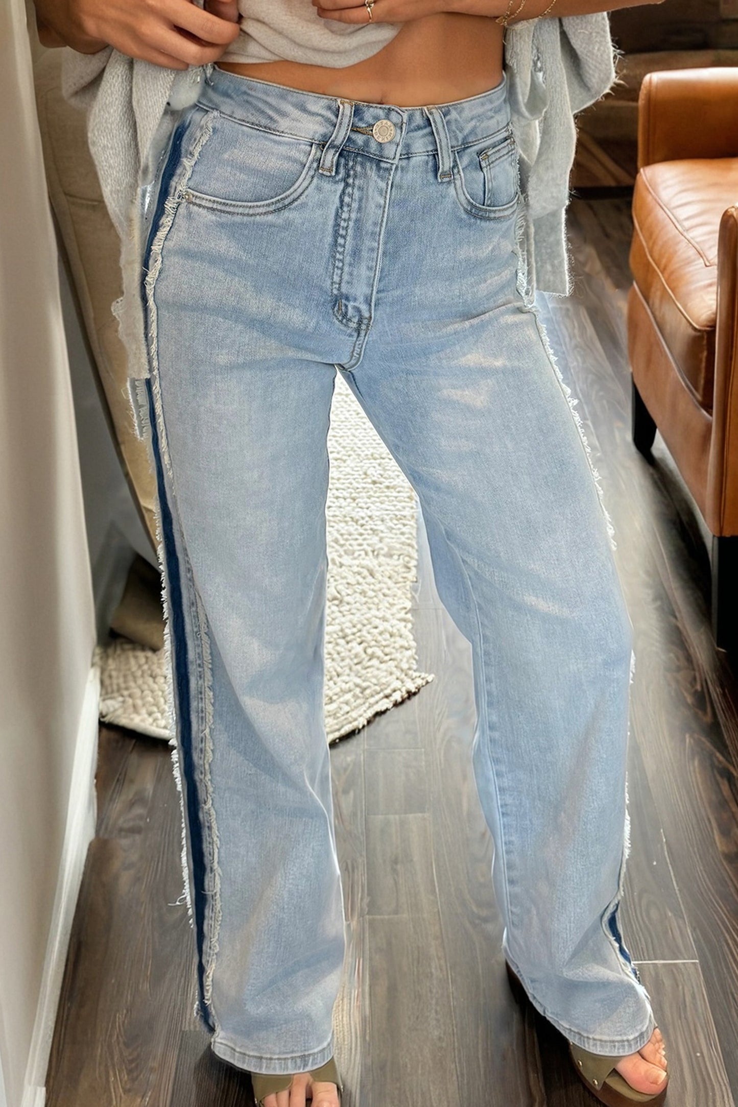 Stripe Frayed Side Panel Jeans