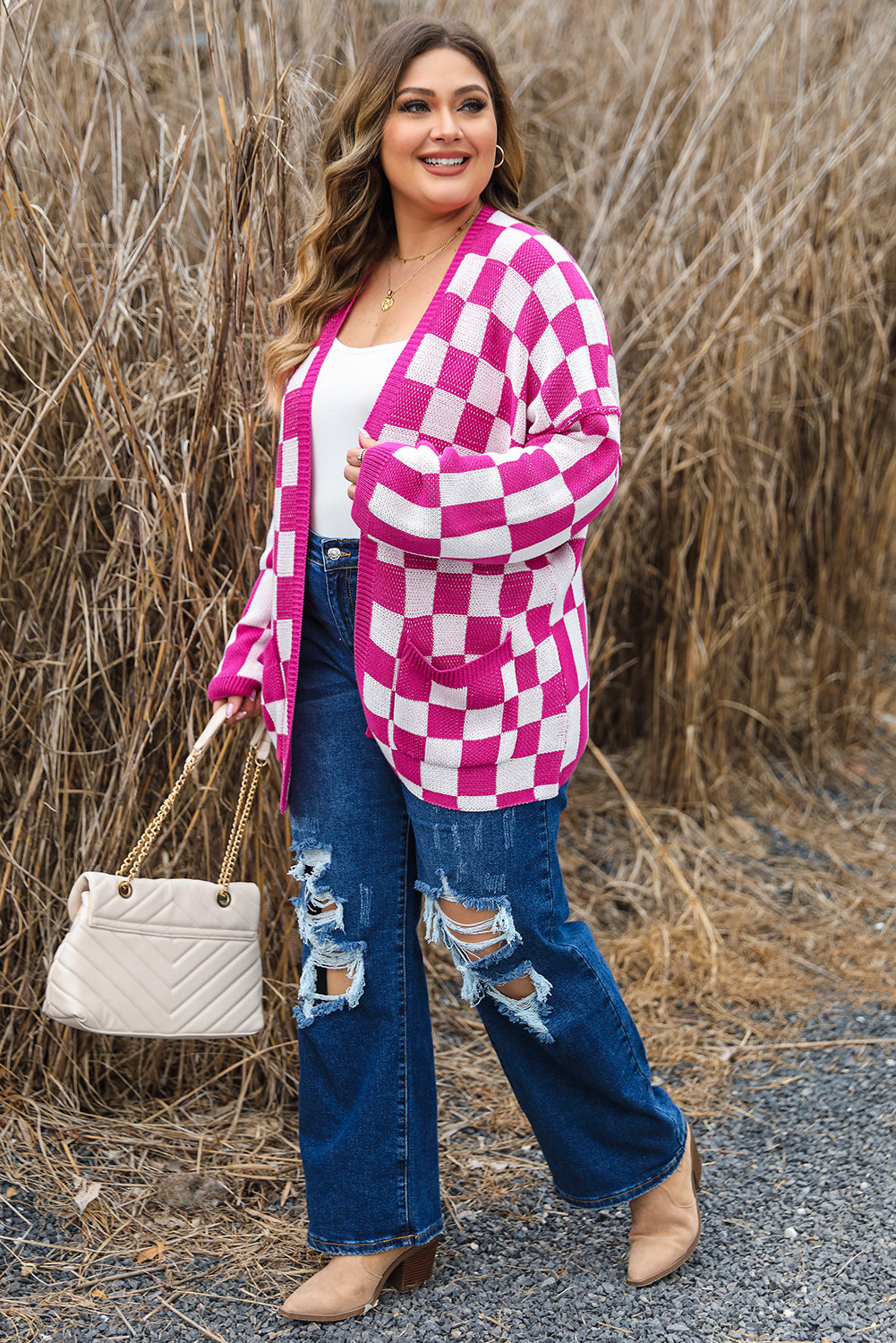 Pink Checkered Pattern Open Front Plus Size Cardigan