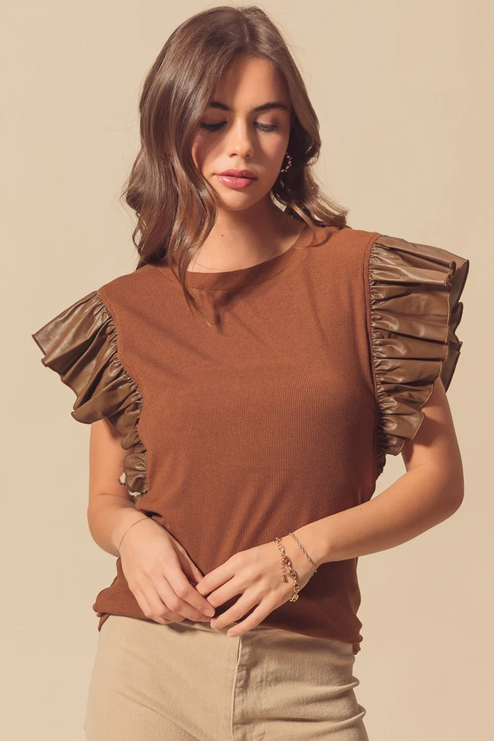 Leather Ruffle Sleeve Patchwork Round Neck Blouse