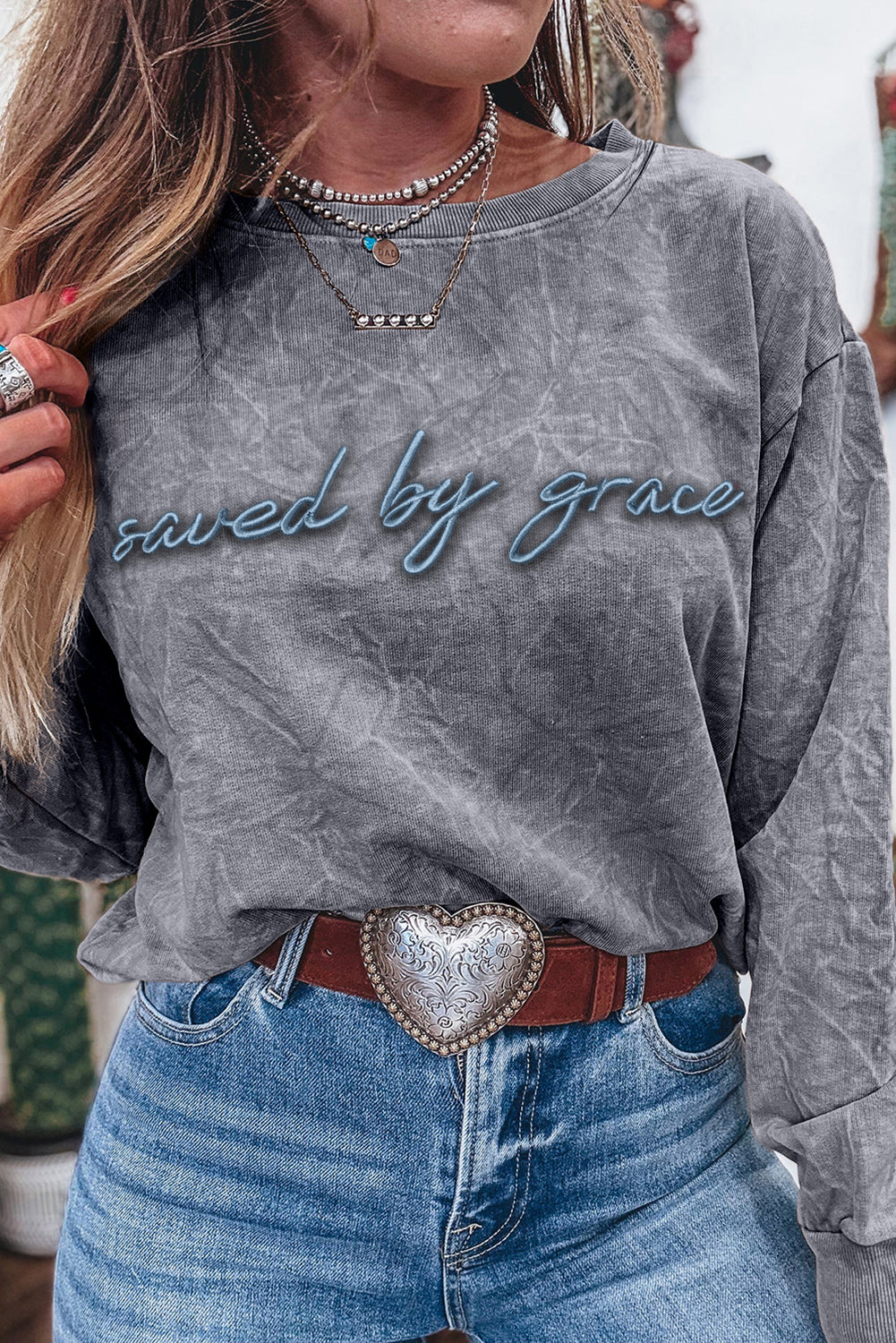 Saved By Grace Letter Embroidery Mineral Wash Loose Sweatshirt
