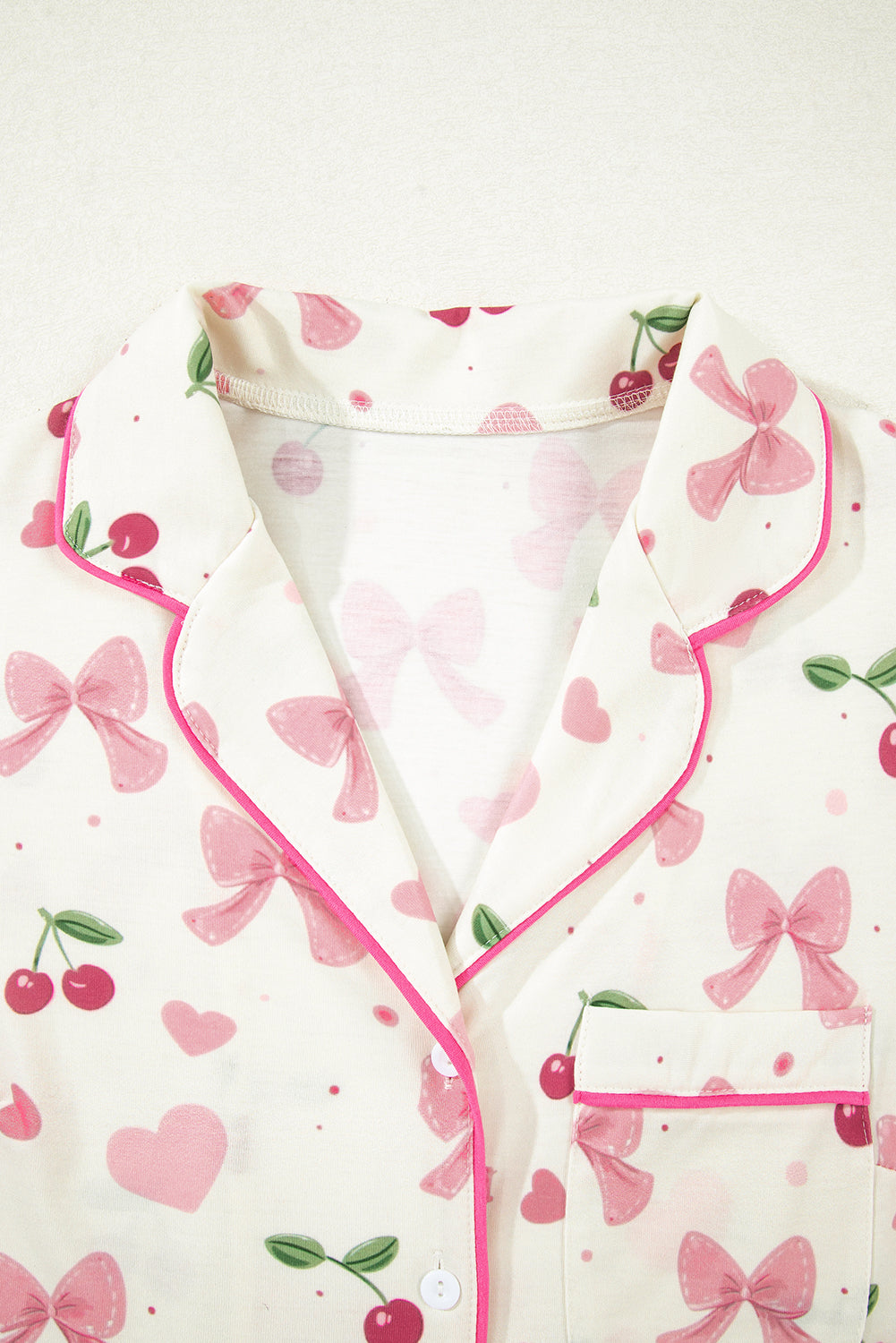 Pink Bow Print Contrast Pipping Short Pajamas Set