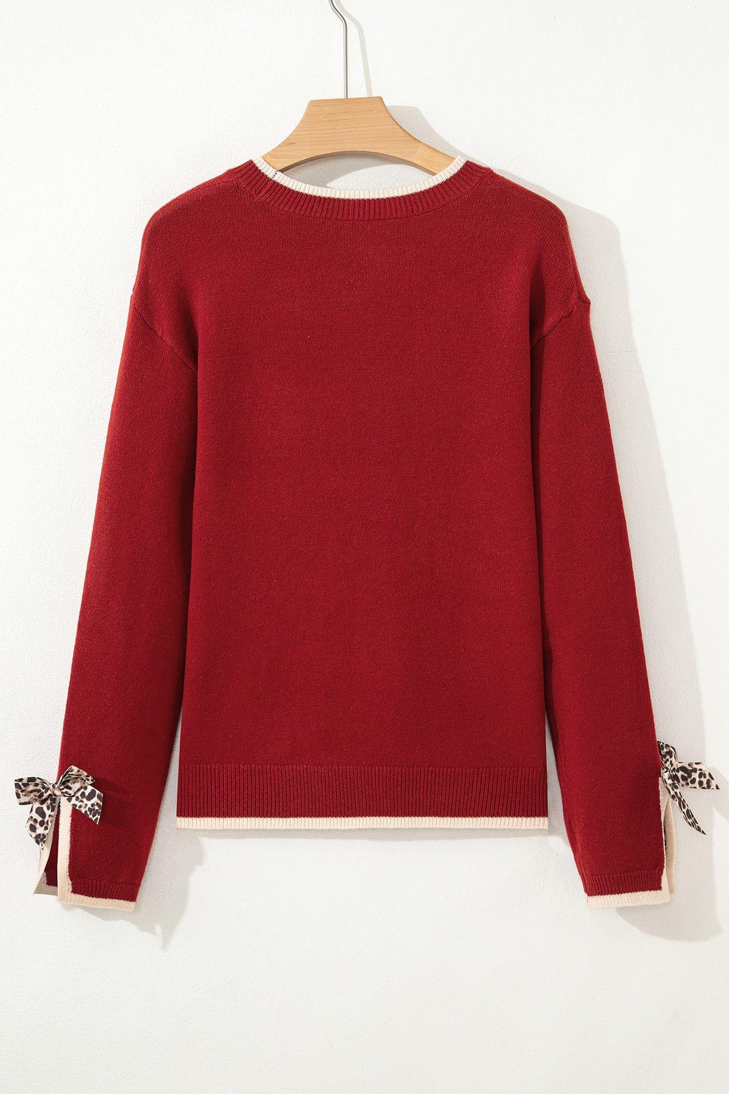 Leopard Bow Decor Split Cuff Contrast Trim Sweater
