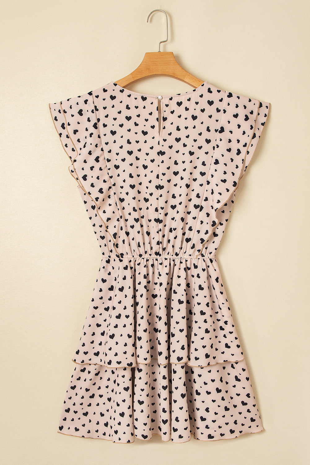 Khaki Heart Printed Flutter Sleeve Cinched Waist Tiered Ruffle Mini Dress